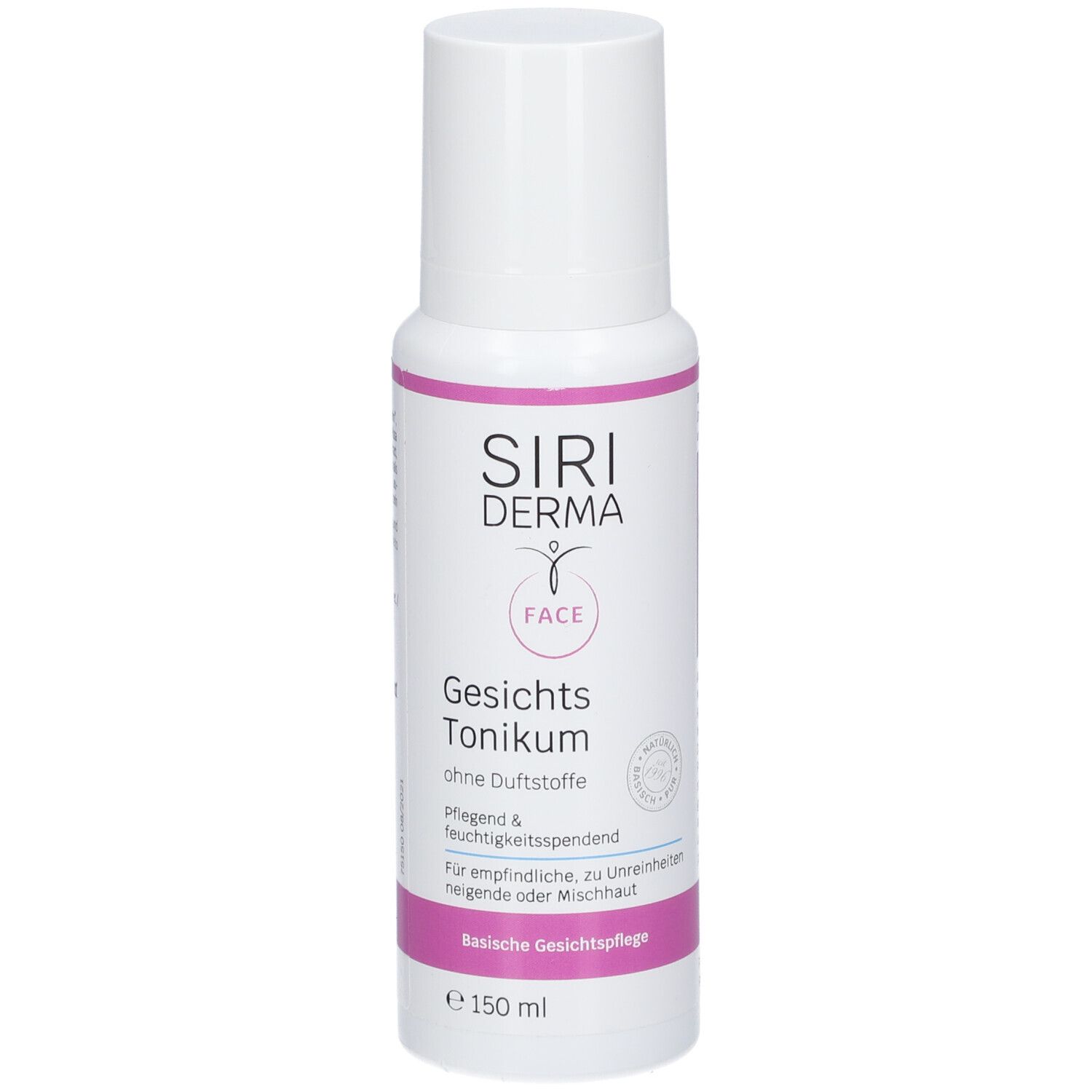 Flacon blanc avec accents roses. Inscription : SIRIDERMA, FACE, Gesichts Tonikum. Sans parfum. 150 ml.