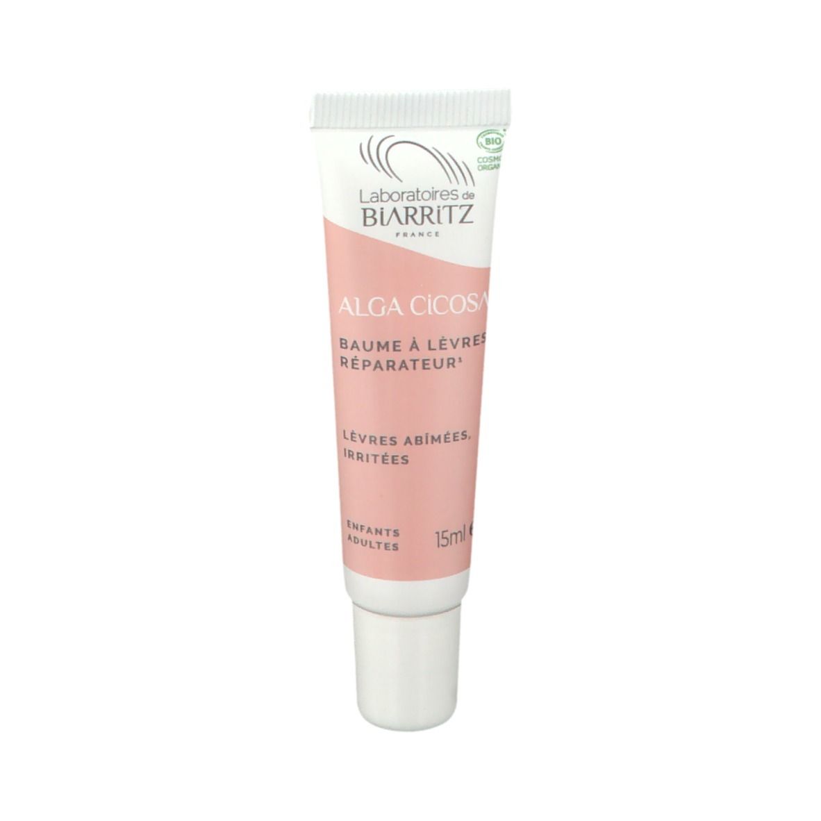 Tube de baume à lèvres Laboratoires de Biarritz. Rose et blanc, nom du produit et indication 15ml. Pour enfants et adultes.