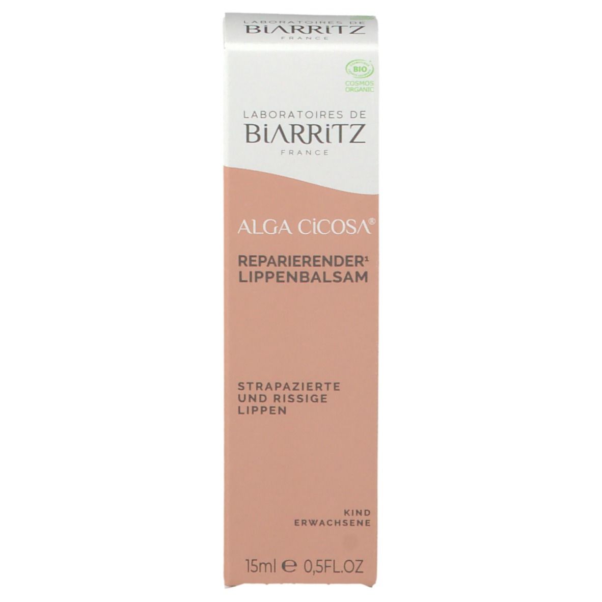 Emballage de baume à lèvres. Blanc/rose, avec nom du produit et informations. Pour lèvres abîmées. 15ml.