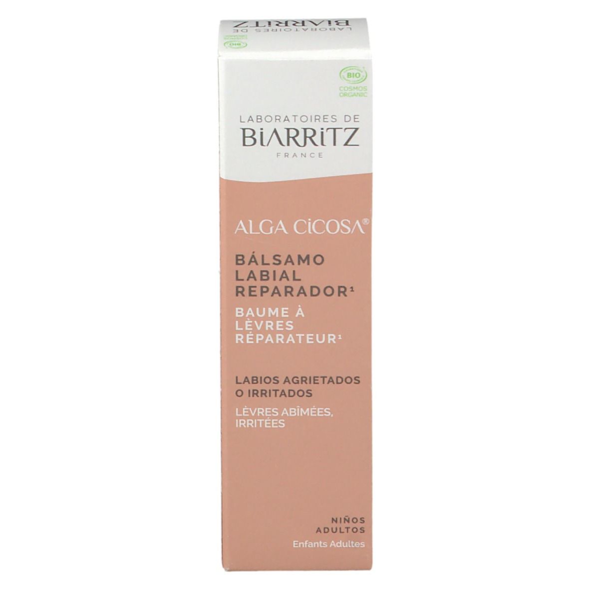 Emballage de baume à lèvres. Blanc/rose, avec nom du produit et informations. Pour enfants et adultes.