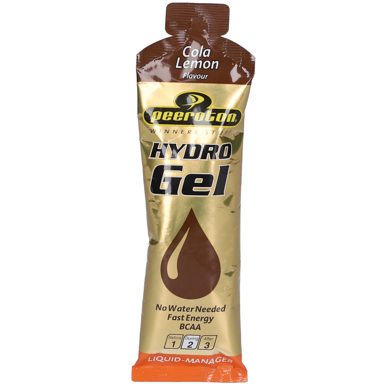 Sachet de gel doré avec goutte marron. Inscription: peeroton HYDRO Gel Cola Lemon. Texte: No Water Needed Fast Energy BCAA.