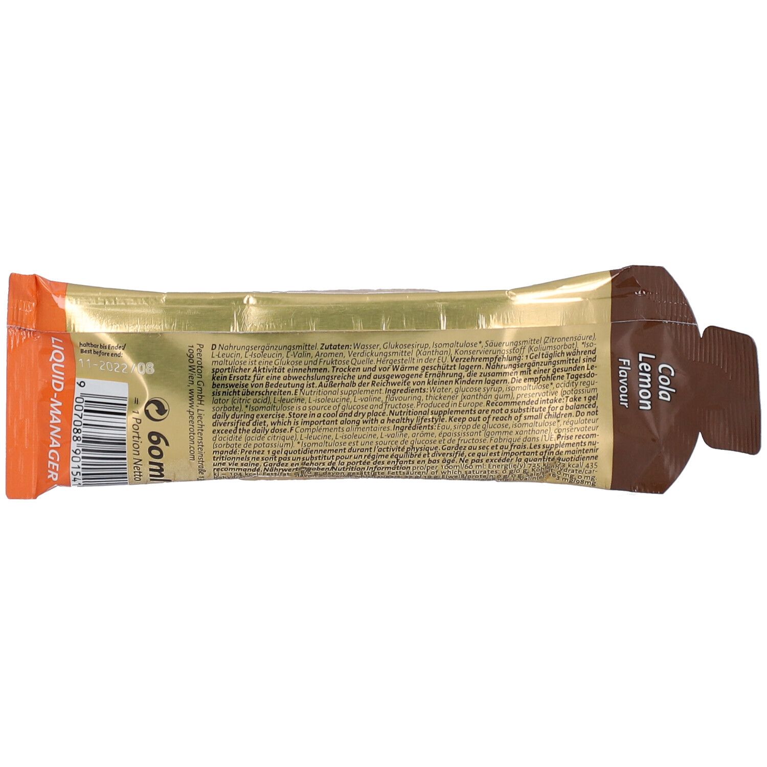 Dos du sachet de gel. Doré avec texte. Inscription: Cola Lemon. Texte: 60ml. Avec informations sur les ingrédients.