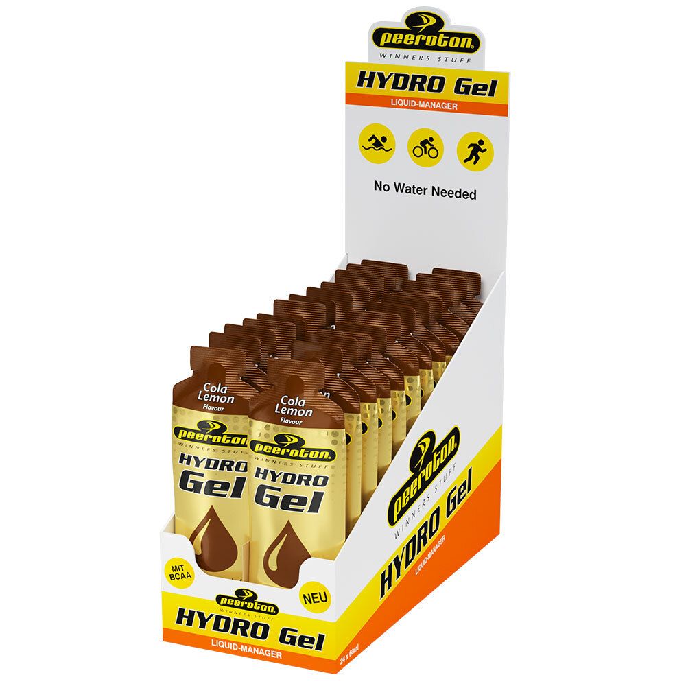 Présentoir de Hydro Gel Cola-Citron. Sachets individuels en emballage marron. Inscription : Hydro Gel, Cola Lemon, avec BCAA, Nouveau.