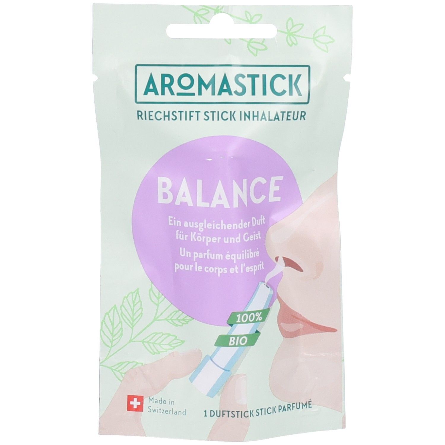 Aromastick Balance. Emballage vert et blanc avec illustration. Texte : "Balance", "Natural Inhaler", "100% Organic".