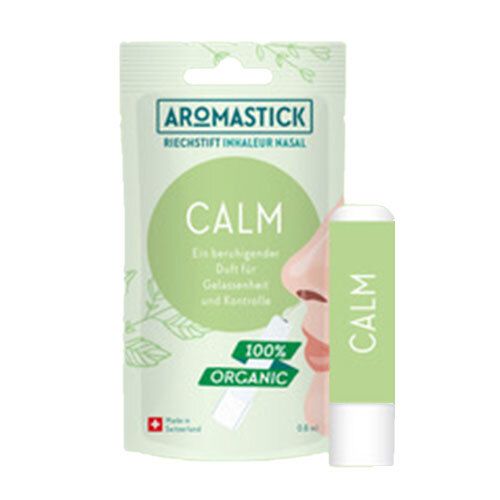 Aromastick Calm inhalateur nasal et emballage. Vert et blanc. Texte: Calm, 100% Organic.