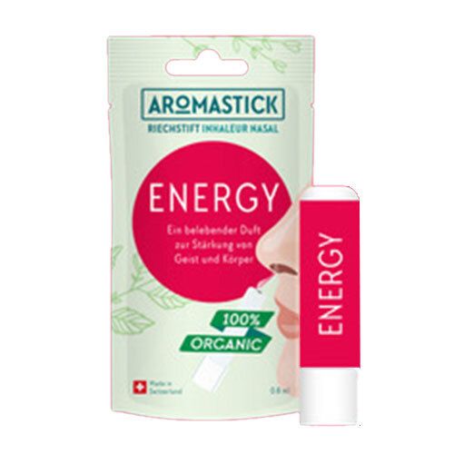 Aromastick Energy inhalateur nasal et emballage. Bâton rouge et blanc. Emballage avec cercle rouge et texte.