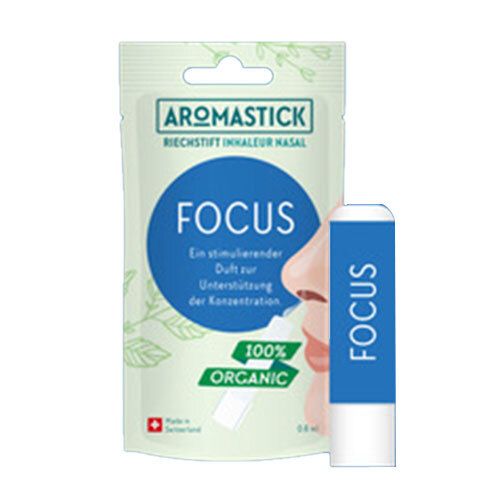Aromastick Focus. Inhalateur nasal et emballage. Étiquette bleue avec texte. 100% Organic. Croix suisse.