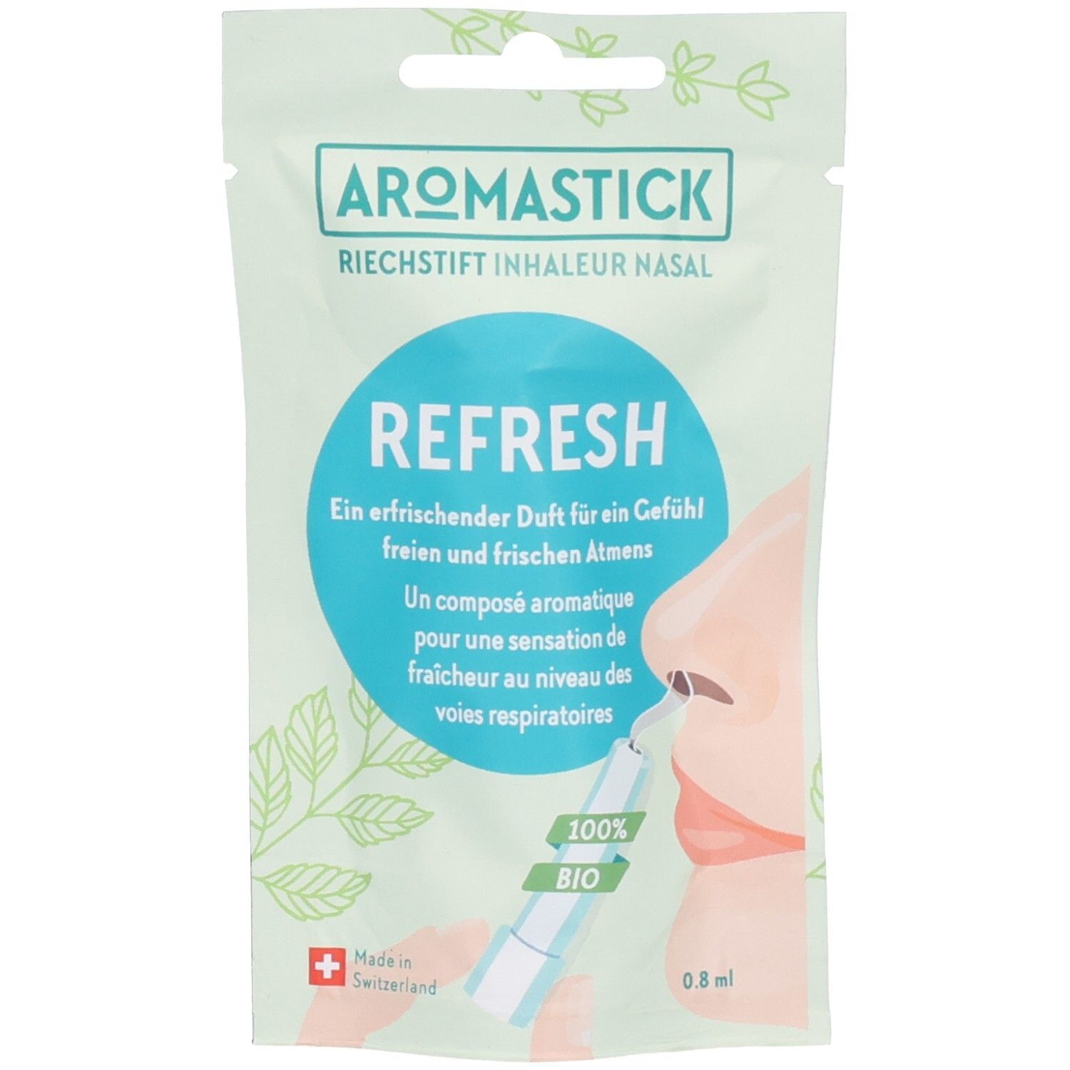 Aromastick Refresh. Inhalateur blanc et allongé dans un emballage. Inscription : "Refresh", "100% organic".