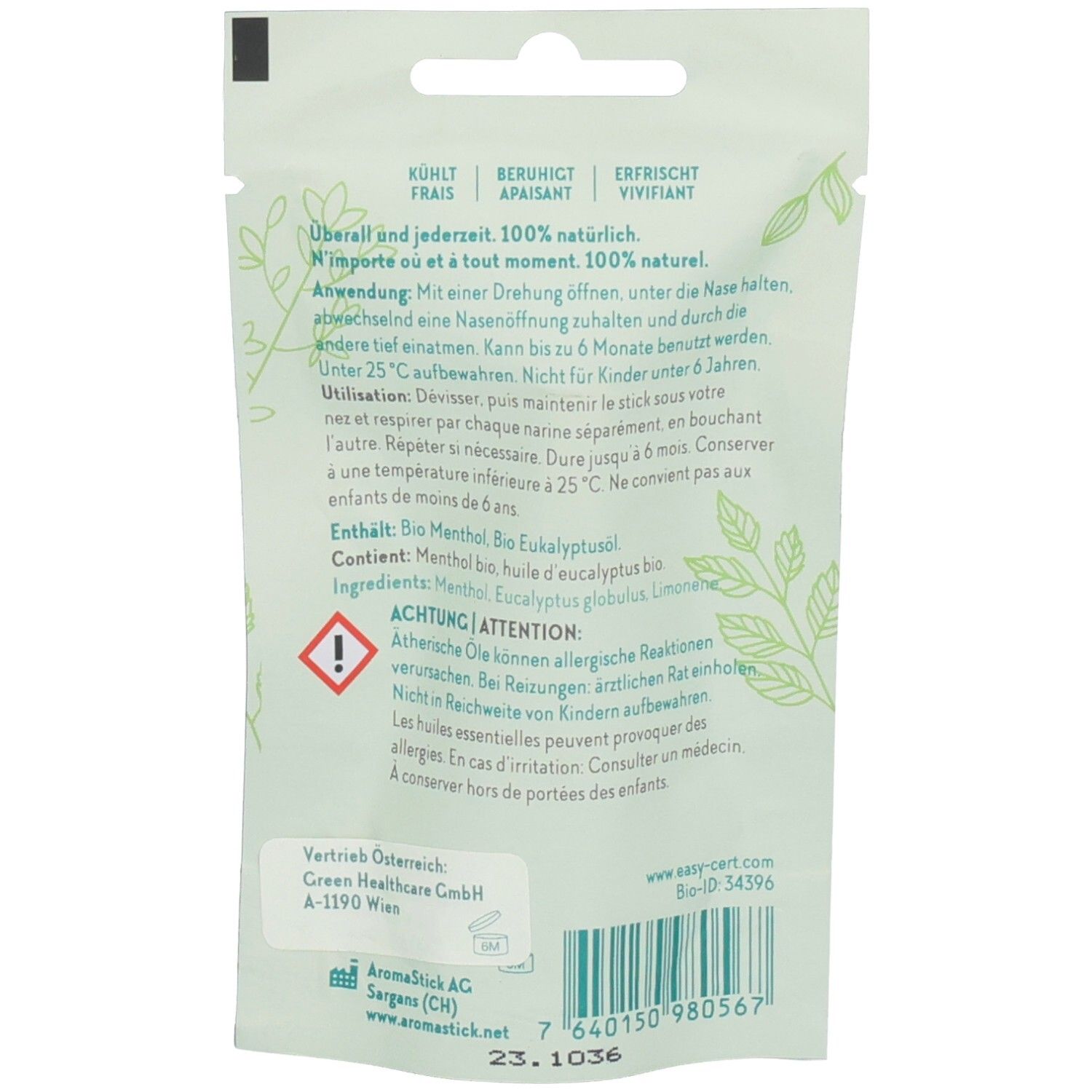 Dos de l'emballage Aromastick Refresh. Texte : "Refresh", ingrédients, avertissements, informations fabricant, date de péremption.
