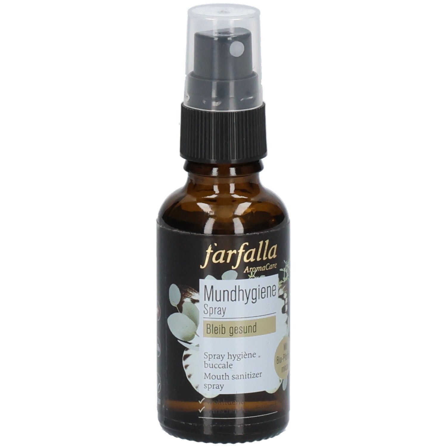 Flacon en verre brun avec vaporisateur. Inscription : farfalla BLEIB GESUND PFEFFERMINZE MUNDHYGIENE SPRAY. Design floral.