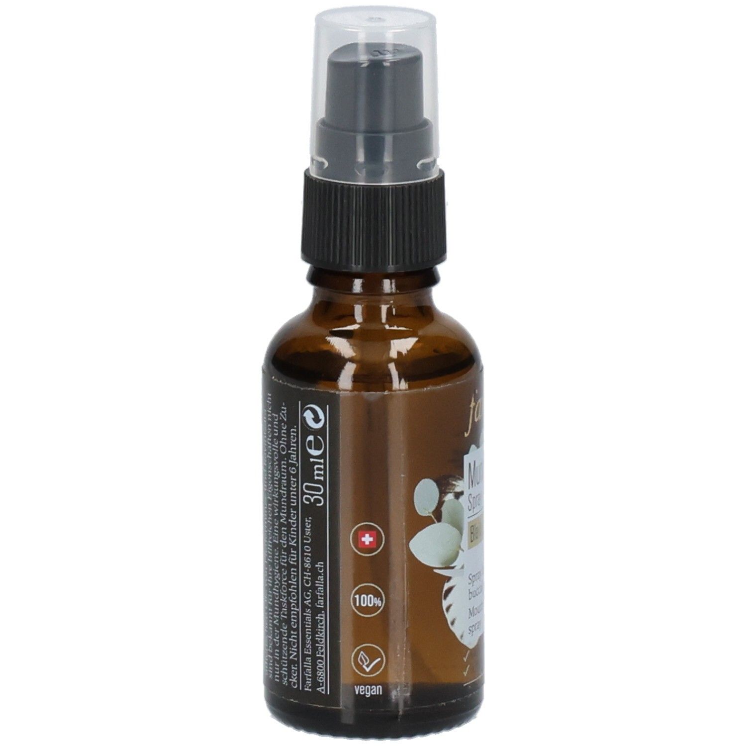 Flacon en verre brun avec vaporisateur. Inscription : 30 ml. Étiquette avec code-barres et date de péremption. Nom du produit partiellement visible.