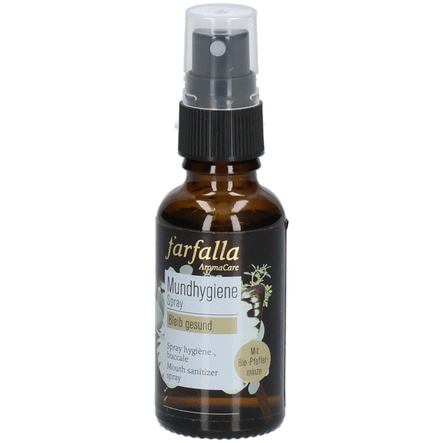 Flacon en verre brun avec vaporisateur. Inscription : farfalla BLEIB GESUND PFEFFERMINZE MUNDHYGIENE SPRAY. Design floral et logos.