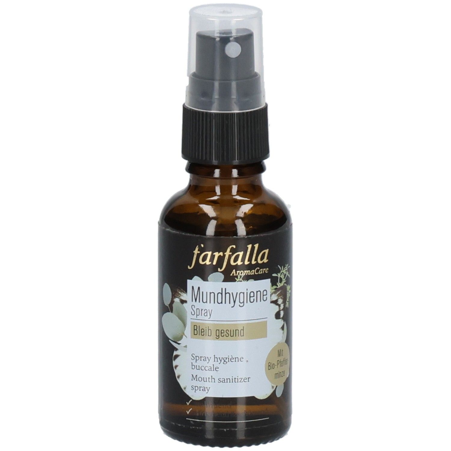 Flacon en verre brun avec vaporisateur. Inscription : farfalla BLEIB GESUND PFEFFERMINZE MUNDHYGIENE SPRAY. Design floral.
