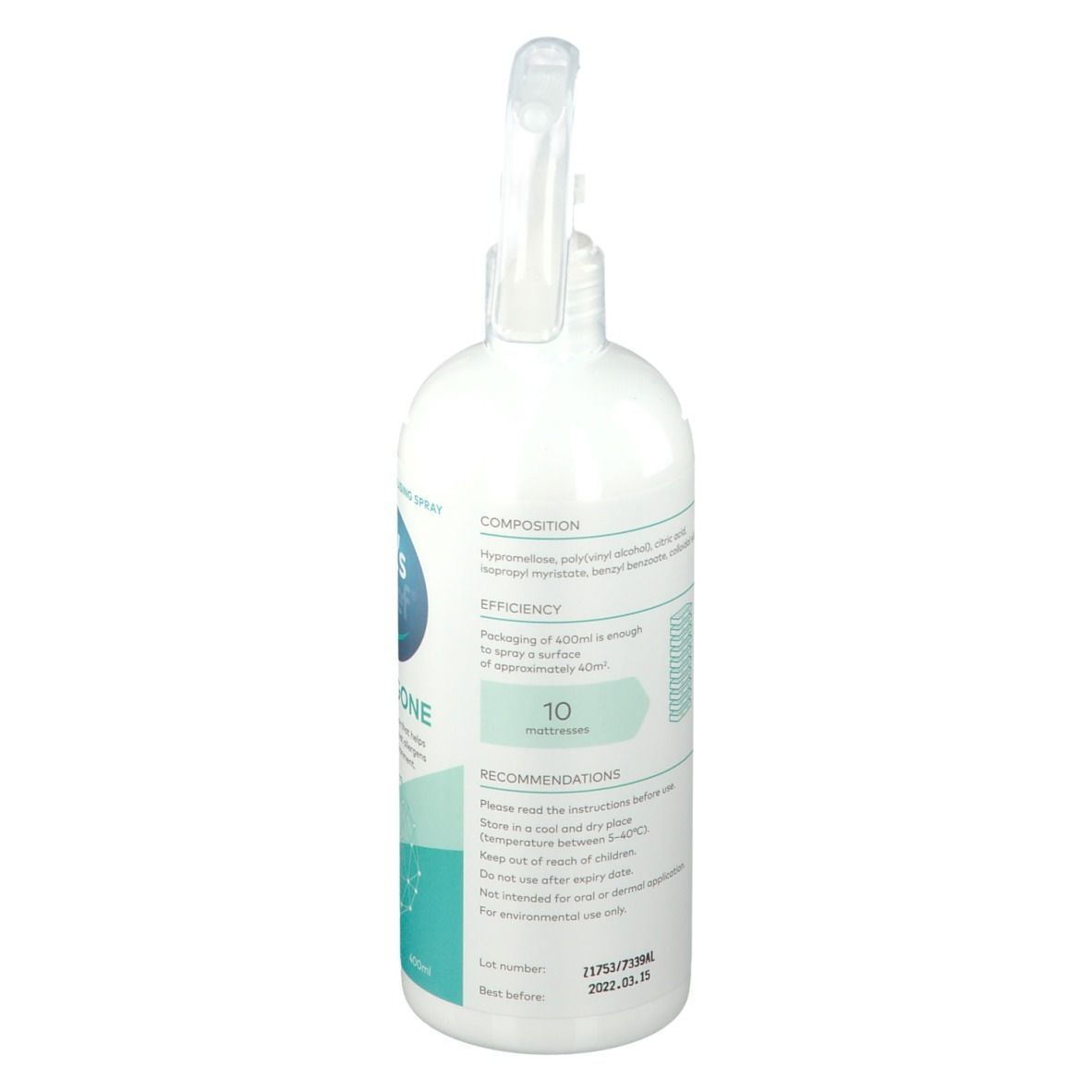Arrière du flacon pulvérisateur Pet's Relief Allergone avec instructions.