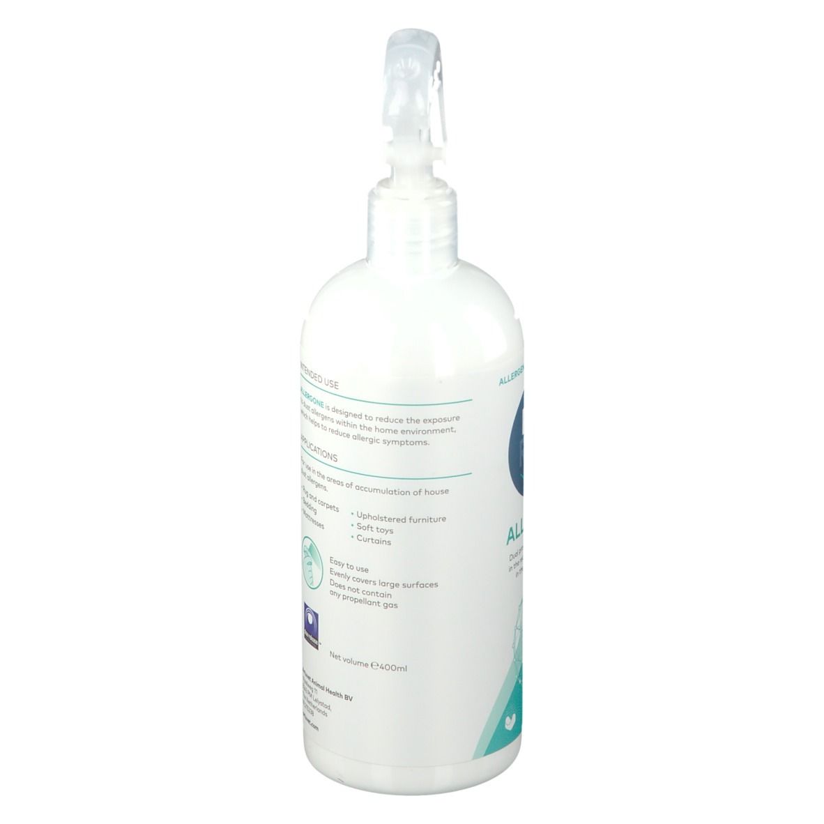 Vue latérale du flacon pulvérisateur Pet's Relief Allergone avec instructions.