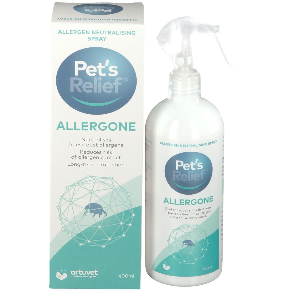Flacon pulvérisateur Pet's Relief Allergone et son emballage.
