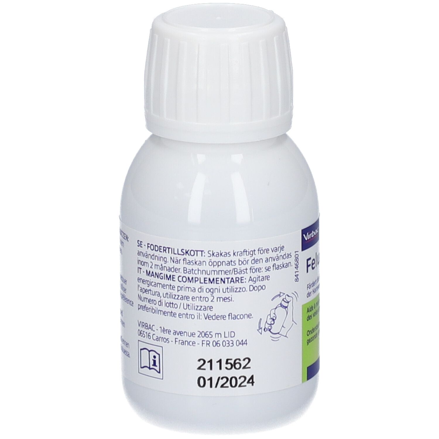 Bouteille blanche avec bouchon à vis, étiquette avec chat, nom du produit 'Feluro', instructions d'utilisation et 60 ml.