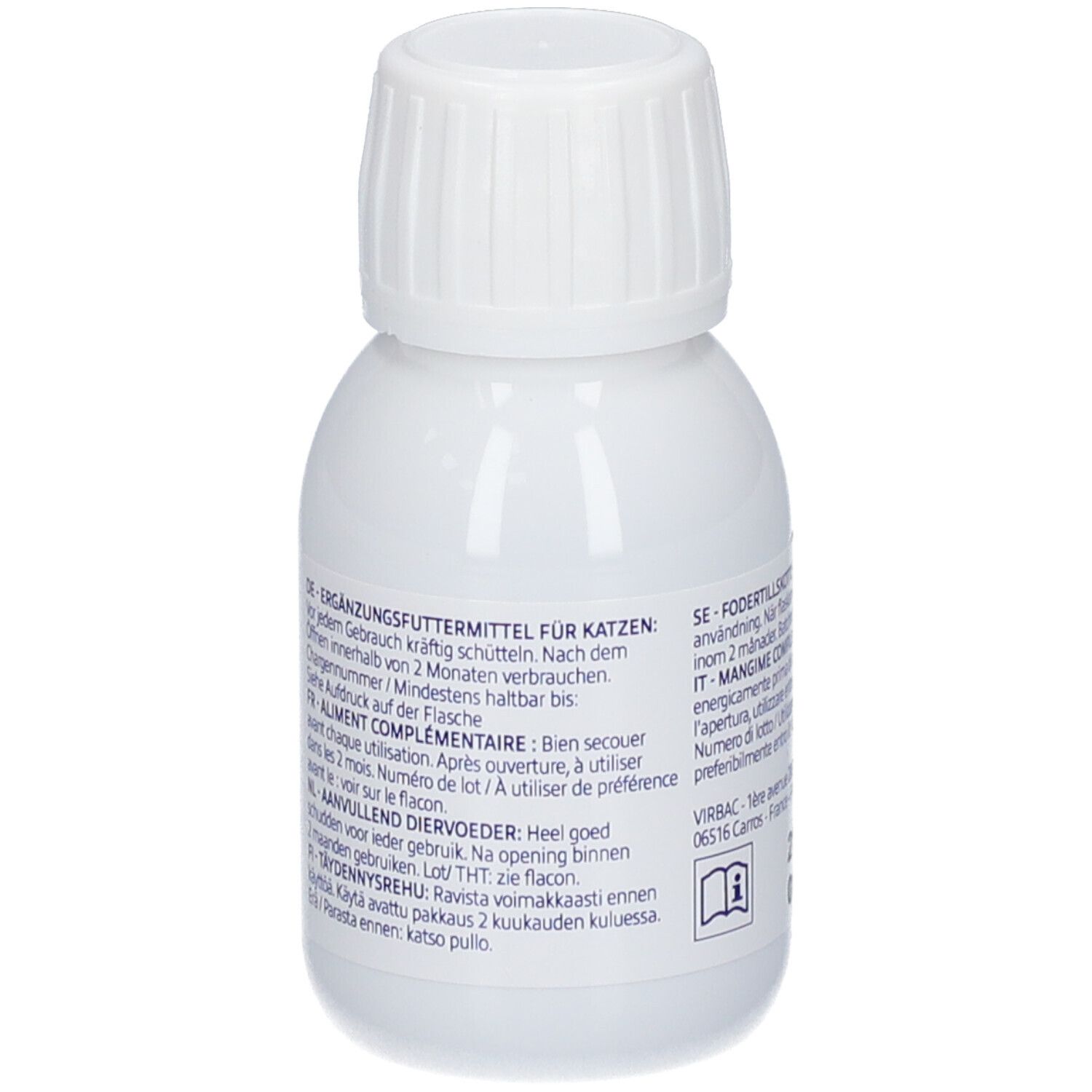 Bouteille blanche avec bouchon à vis, dos avec instructions d'utilisation multilingues et date de péremption.