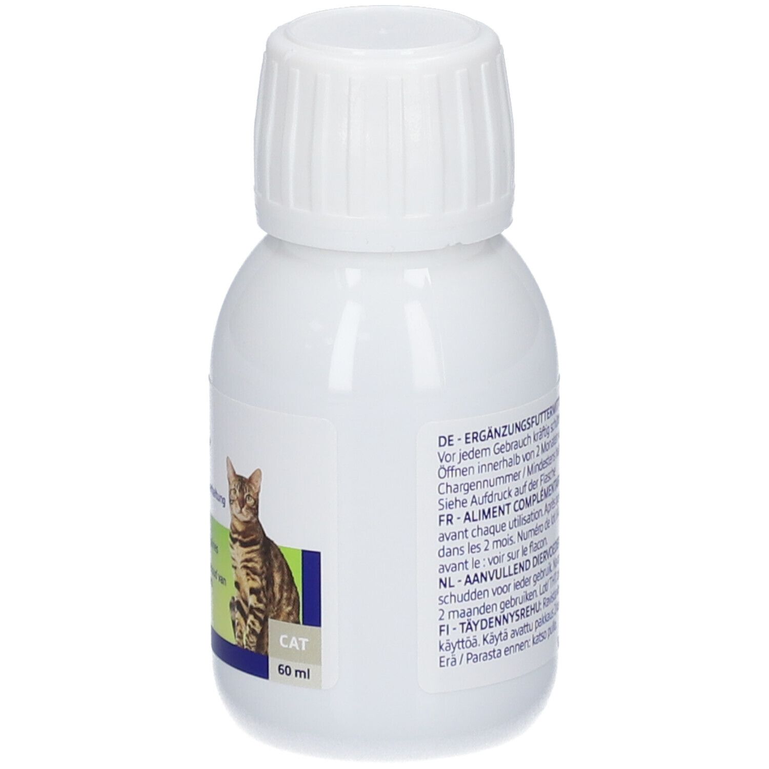 Bouteille blanche avec bouchon à vis, dos avec instructions d'utilisation multilingues et date de péremption.
