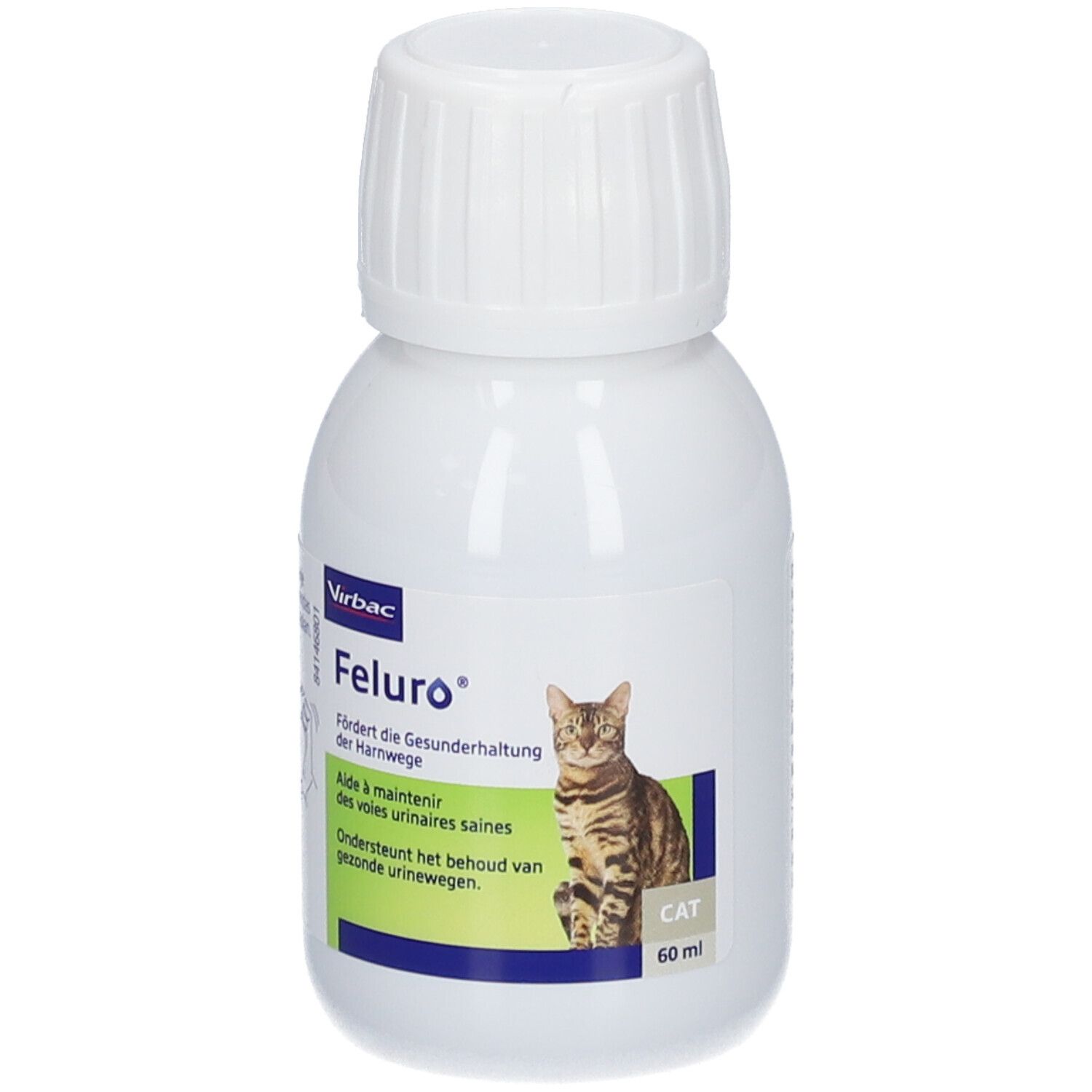 Bouteille blanche avec bouchon à vis, étiquette avec un chat, nom du produit 'Feluro' et indication de 60 ml.