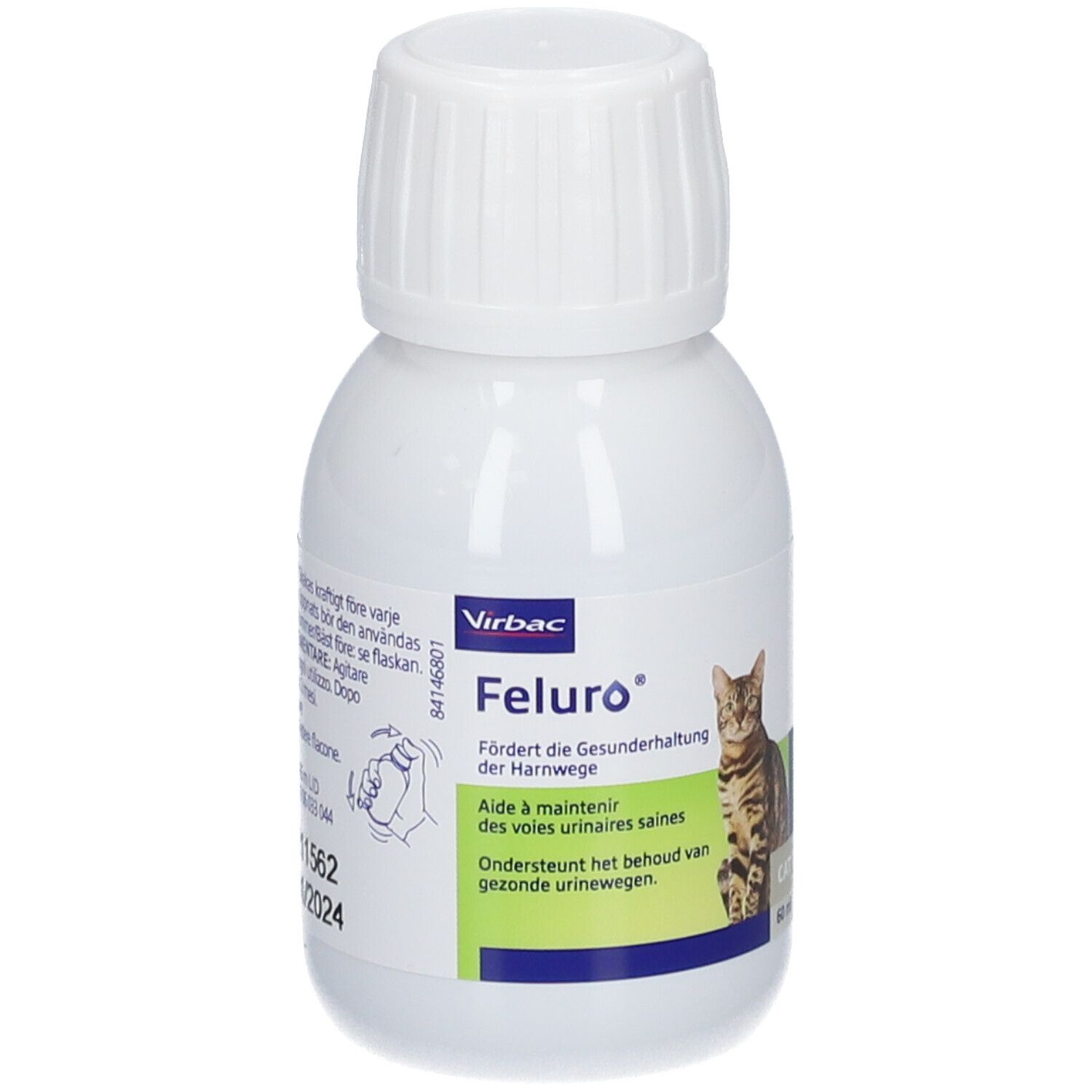 Bouteille blanche avec bouchon à vis, étiquette avec chat, nom du produit 'Feluro', instructions d'utilisation et 60 ml.