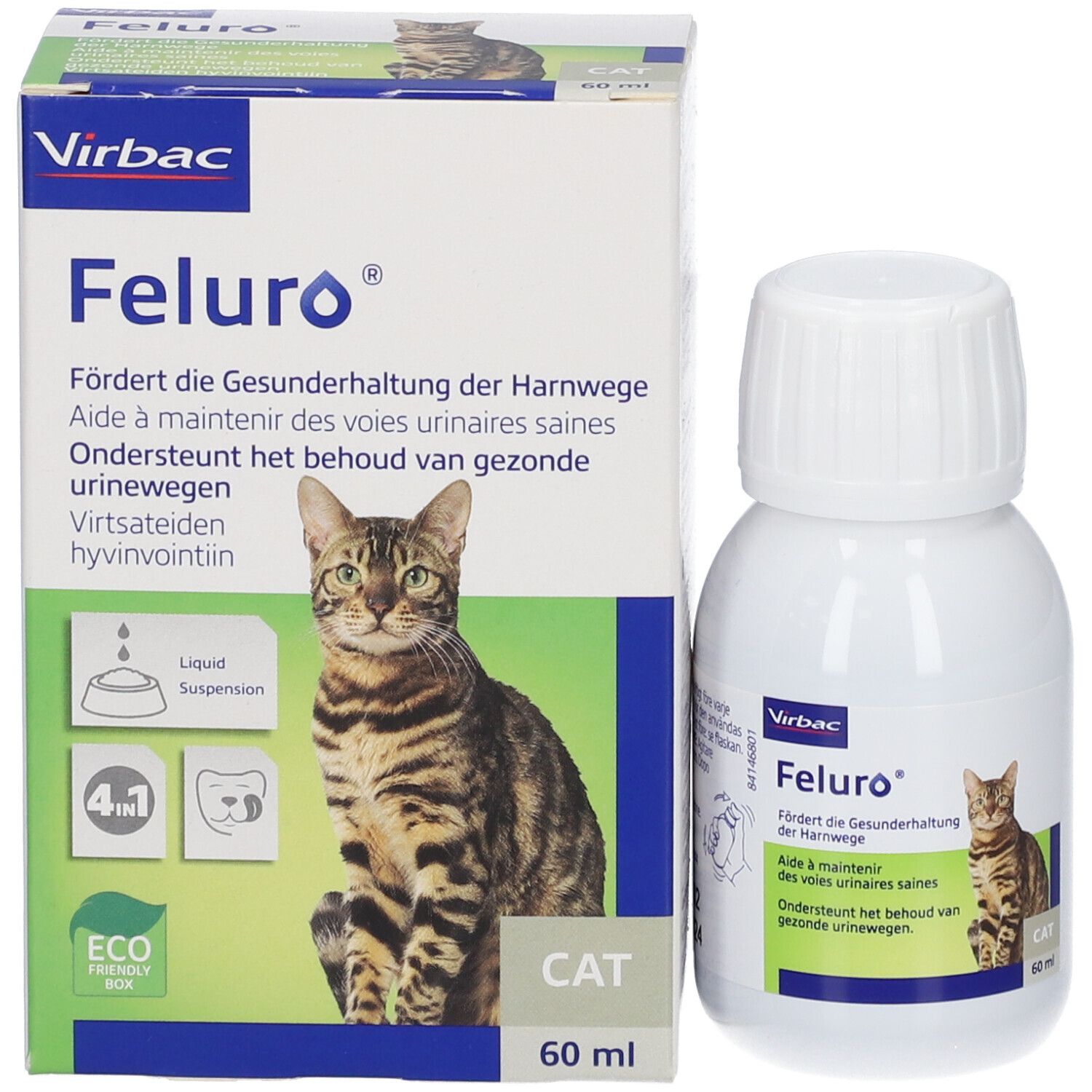 Bouteille blanche de suspension liquide Feluro pour chats, 60 ml.