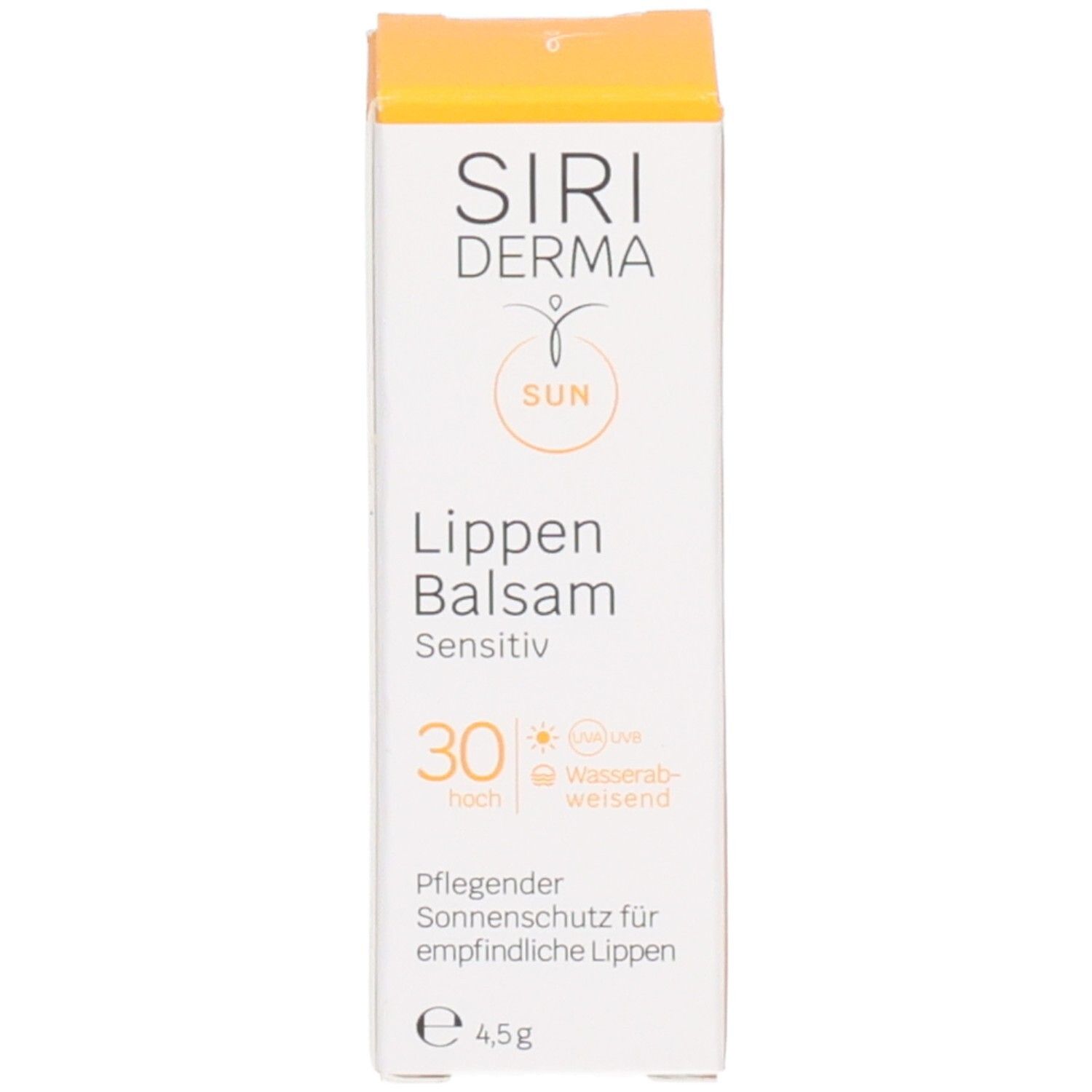 Emballage du stick de baume à lèvres. Inscription : SIRIDERMA, Lippen Balsam, SPF 30. Couvercle jaune.