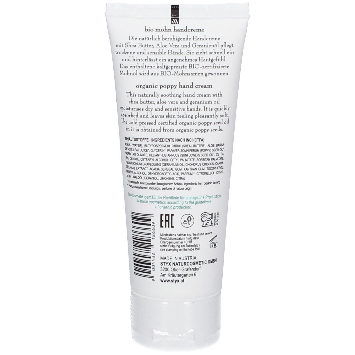 Dos du tube. Texte : bio mohn handcreme, organic poppy hand cream. Ingrédients, certifications, adresse du fabricant.