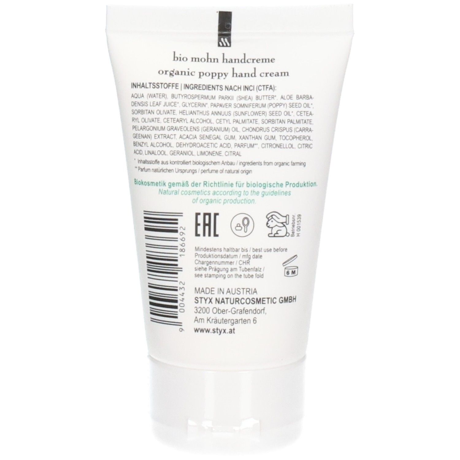 Dos du tube de crème pour les mains avec ingrédients, informations de production et de péremption. Logo : STYX Naturcosmetic.