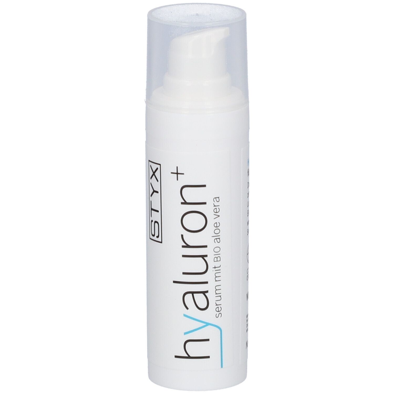 Flacon de sérum blanc avec pompe et bouchon transparent. Inscription : hyaluron+ Serum mit Bio Aloe vera. Marque STYX.