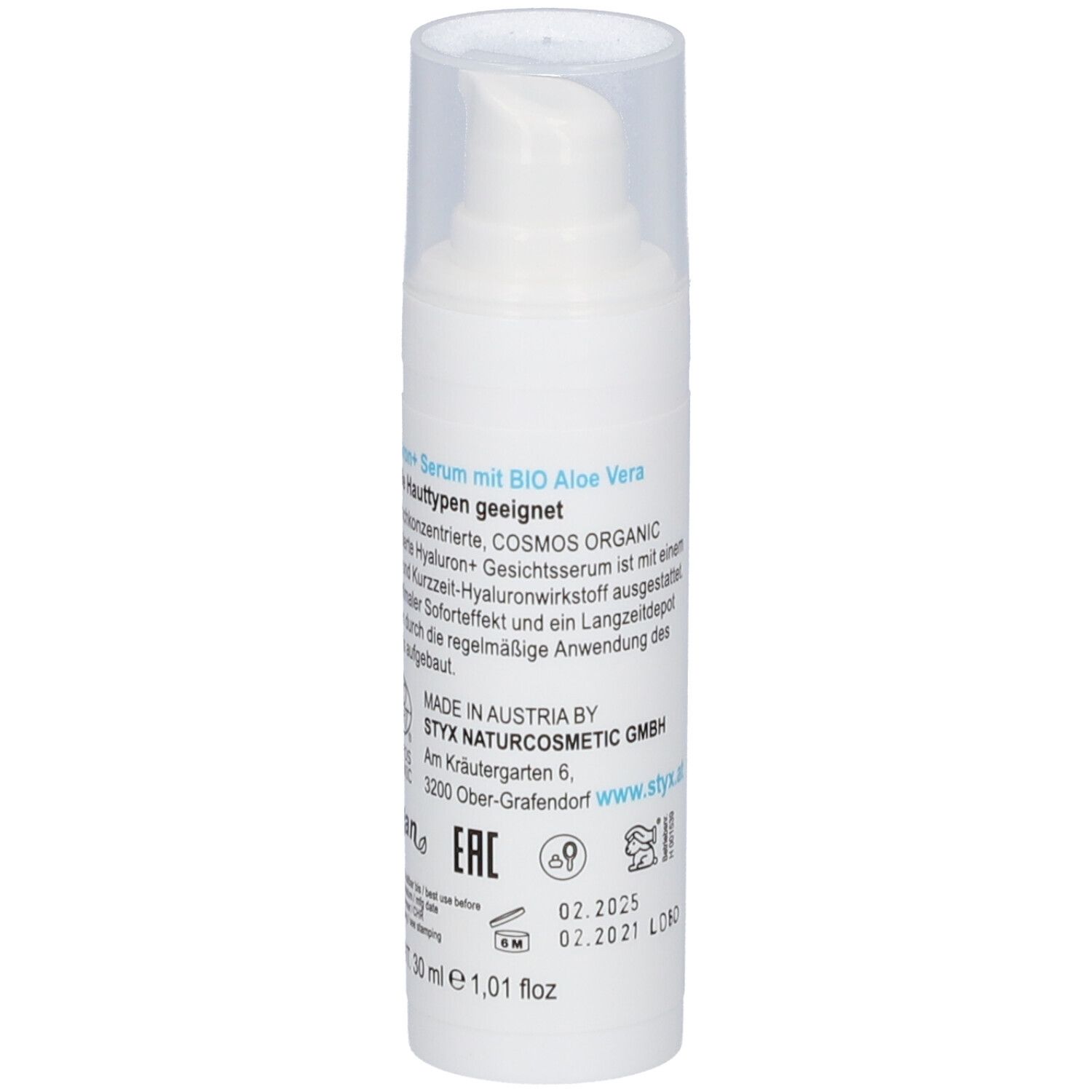 Flacon de sérum blanc avec pompe et bouchon transparent. Dos avec texte, ingrédients et logos. Volume : 30 ml.