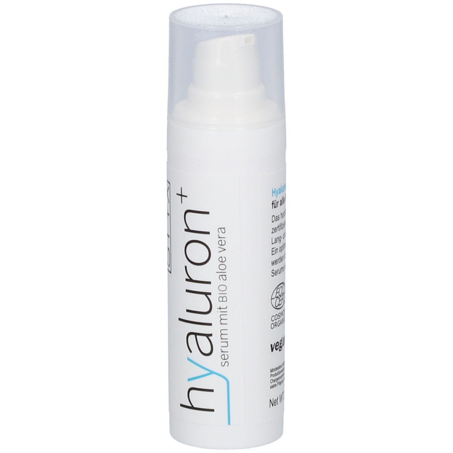 Flacon de sérum blanc avec pompe et bouchon transparent. Inscription : hyaluron+ Serum mit Bio Aloe vera. Logo végan.