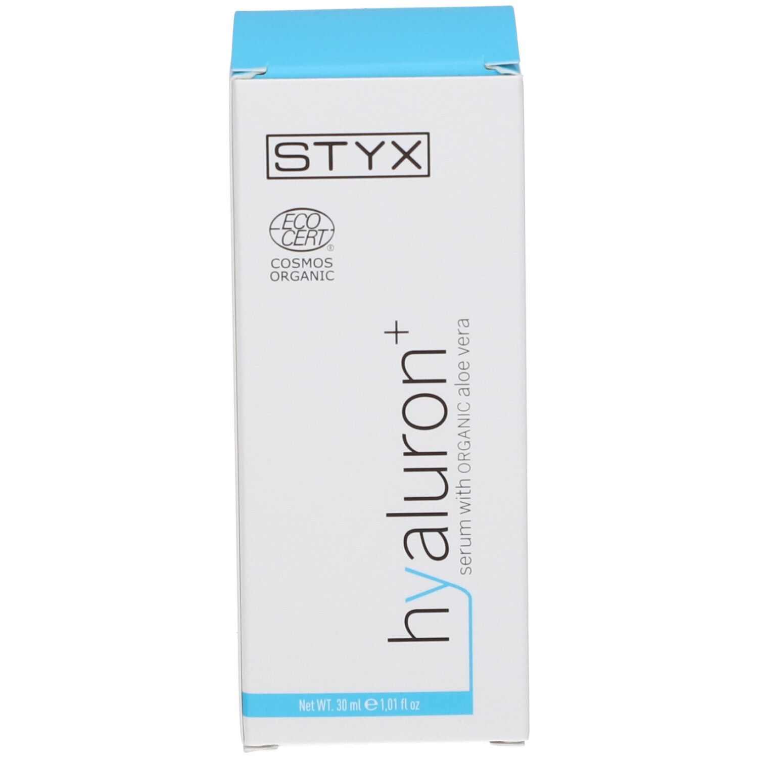 Boîte blanche avec le dessus bleu. Inscription : STYX, hyaluron+ Serum mit Organic Aloe vera. Logos et volume.
