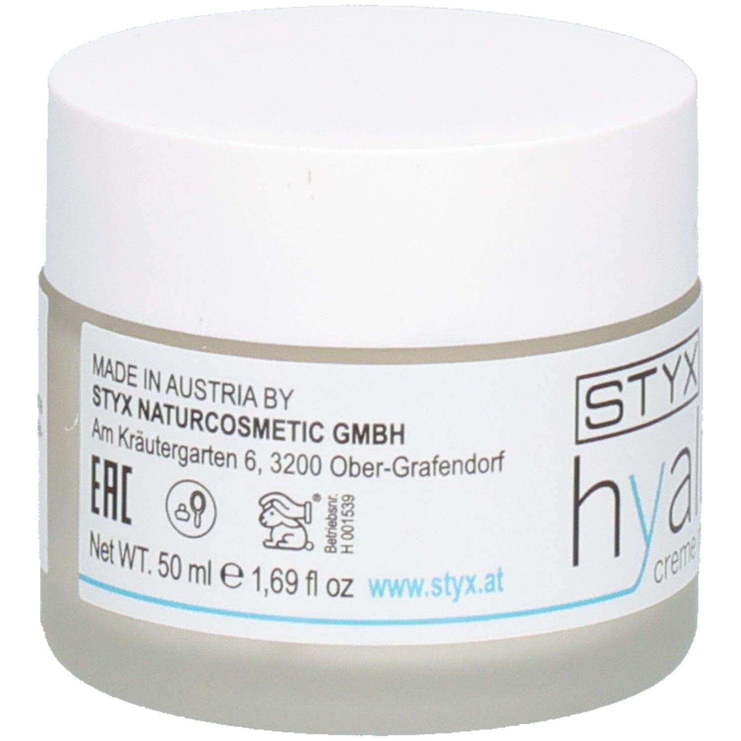 Pot de crème avec couvercle blanc. Inscription : STYX hyaluron+ crème avec BIO aloe vera.