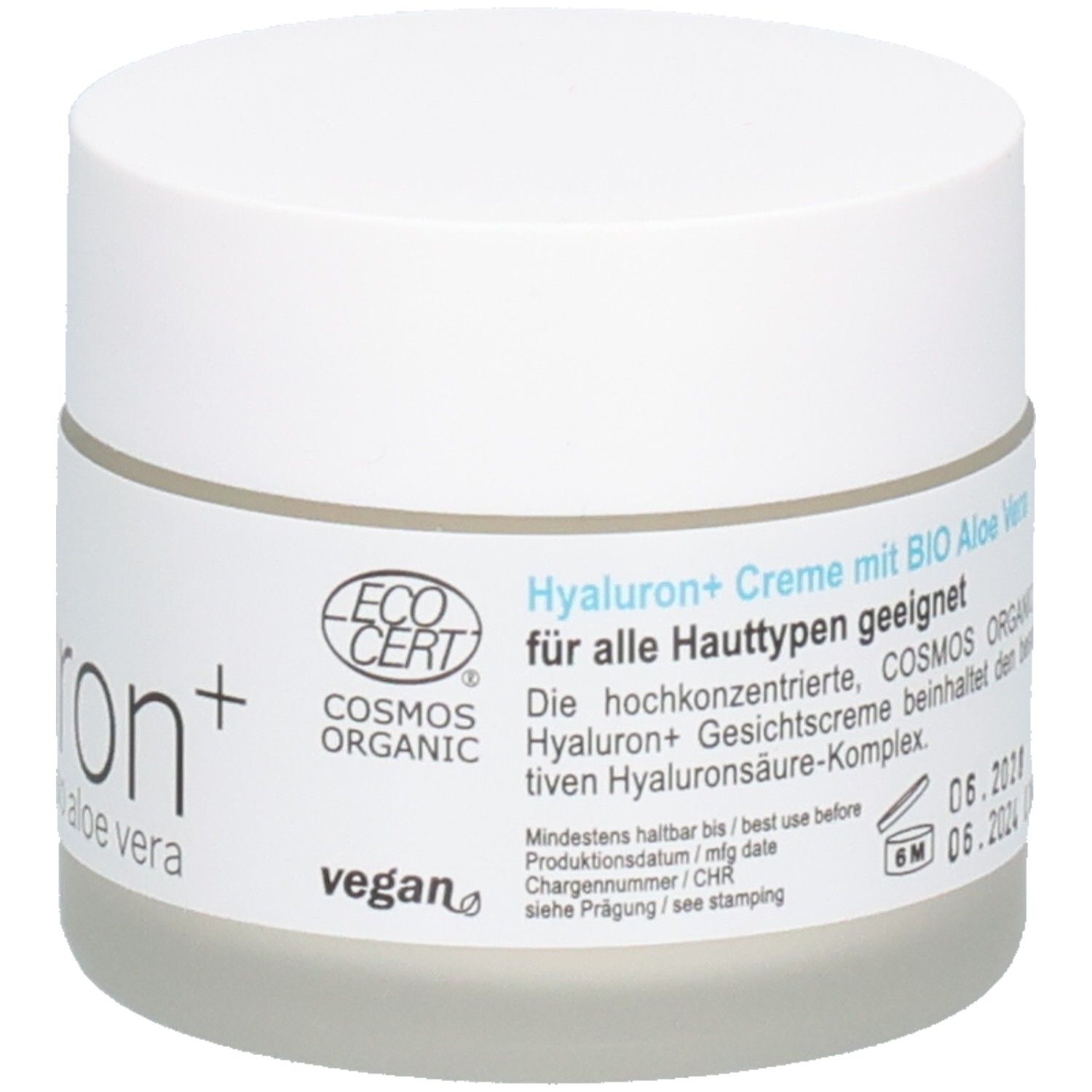 Pot de crème avec couvercle blanc. Inscription : hyaluron+ Crème avec BIO Aloe Vera, certifié COSMOS ORGANIC.
