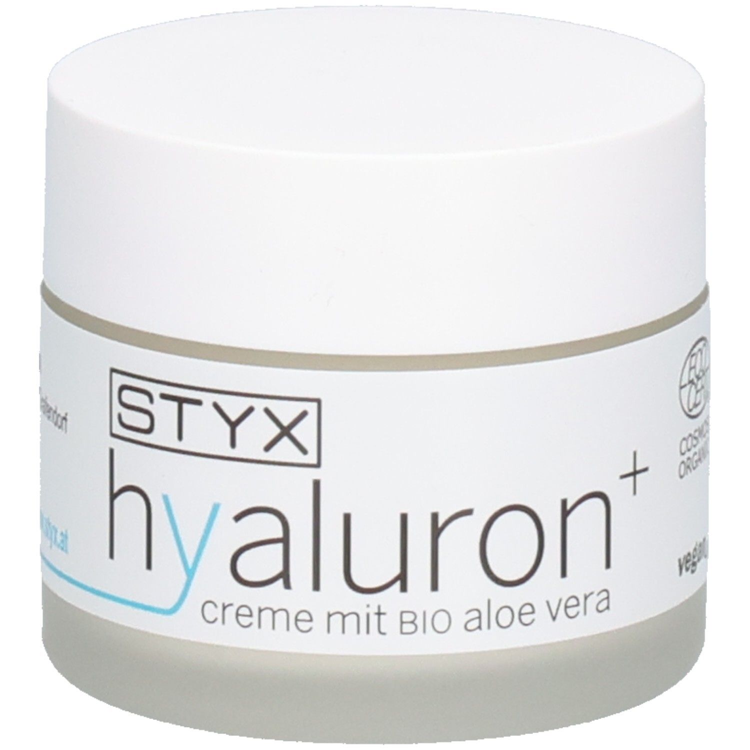 Pot de crème avec couvercle blanc. Inscription : ECO CERT COSMOS ORGANIC, vegan, hyaluron+ Crème avec BIO Aloe Vera.