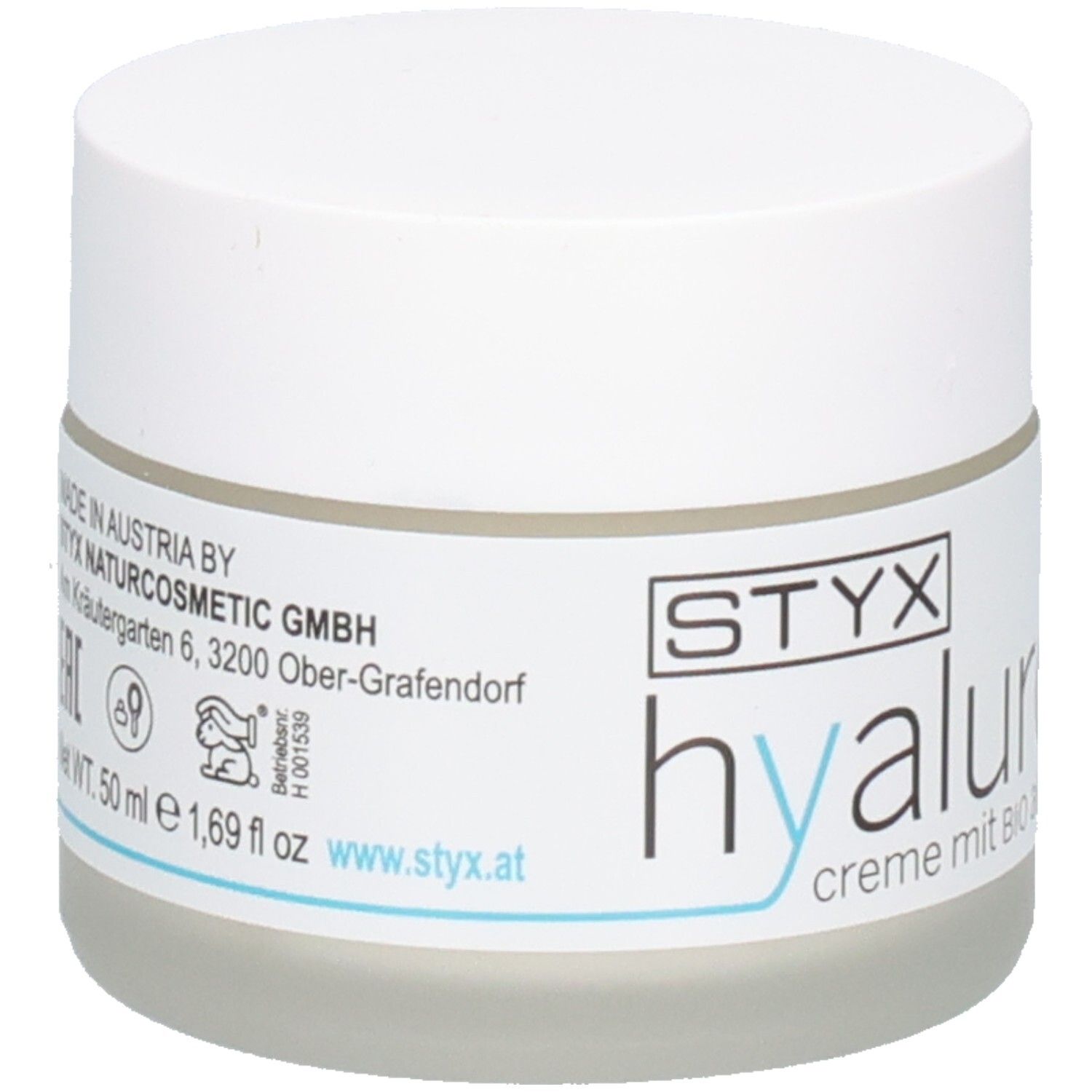 Pot de crème avec couvercle blanc. Inscription : STYX hyaluron+ crème avec BIO aloe vera, ECO CERT COSMOS ORGANIC, vegan.