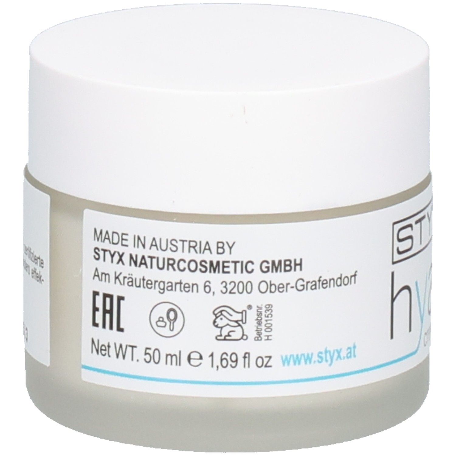 Pot de crème avec couvercle blanc. Inscription : STYX hyaluron+ crème avec BIO aloe vera, www.styx.at.