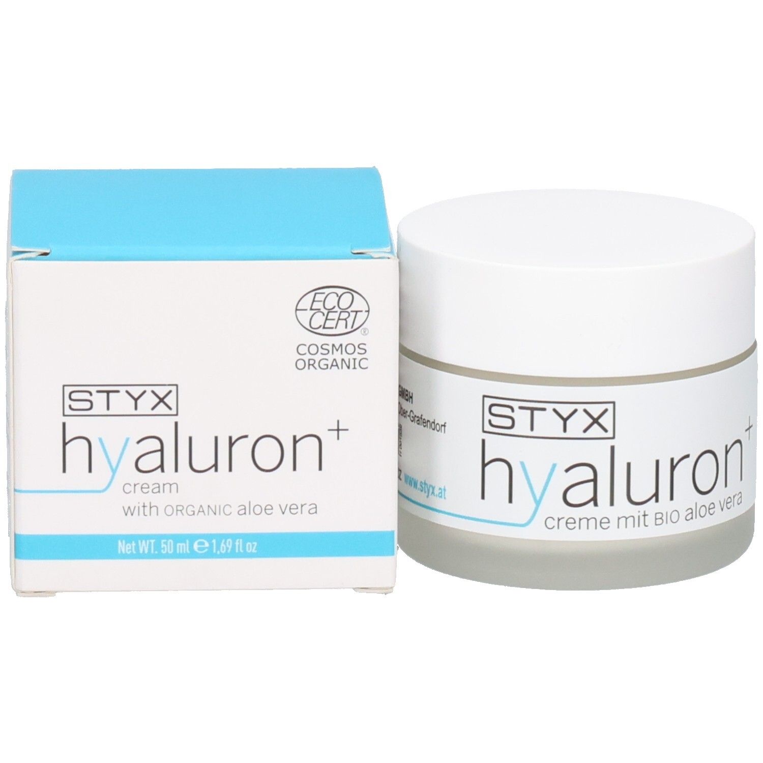 Pot de crème et boîte. Inscription : STYX hyaluron+ cream with ORGANIC aloe vera, ECO CERT COSMOS ORGANIC.