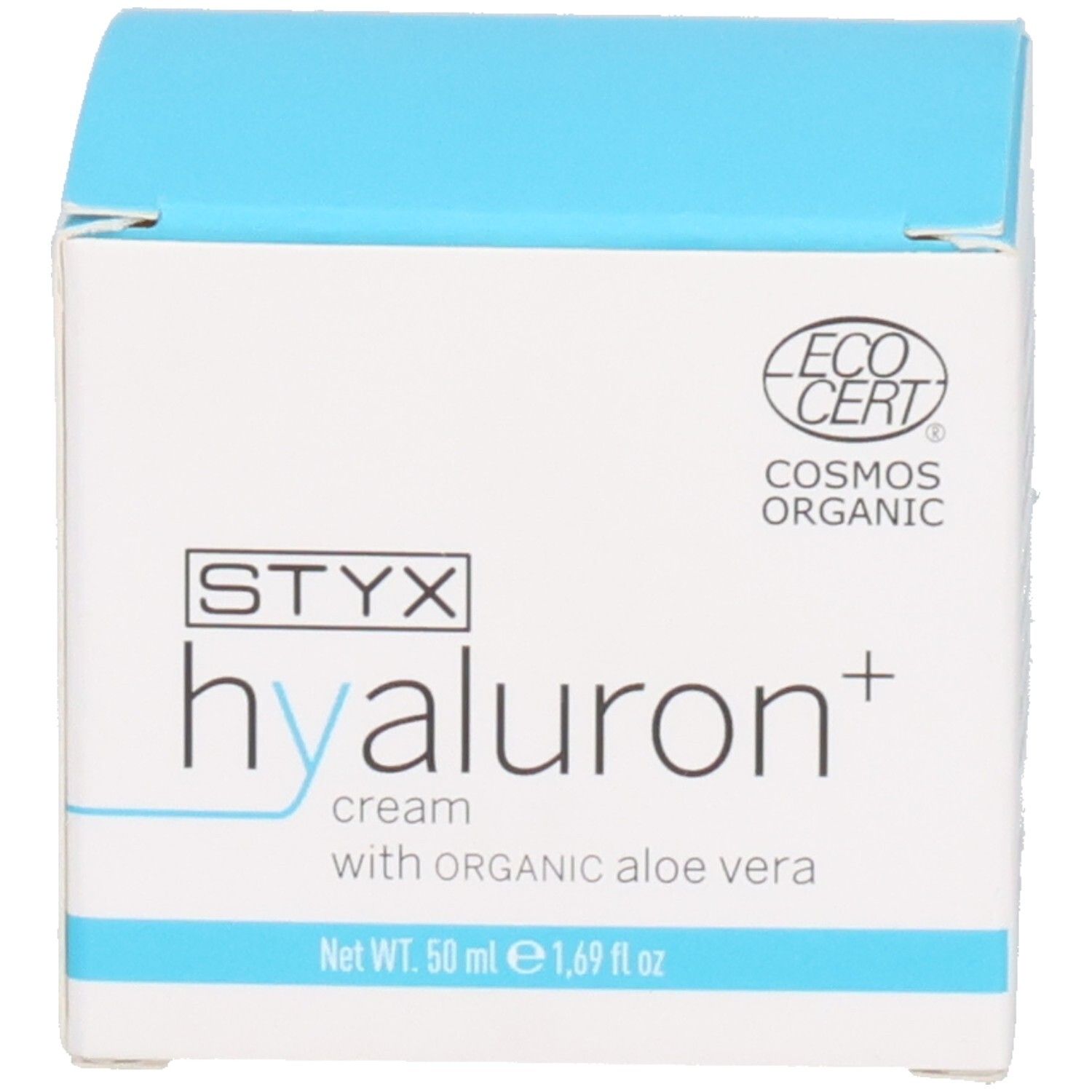Boîte avec couvercle bleu. Inscription : STYX hyaluron+ cream with ORGANIC aloe vera, ECO CERT COSMOS ORGANIC.