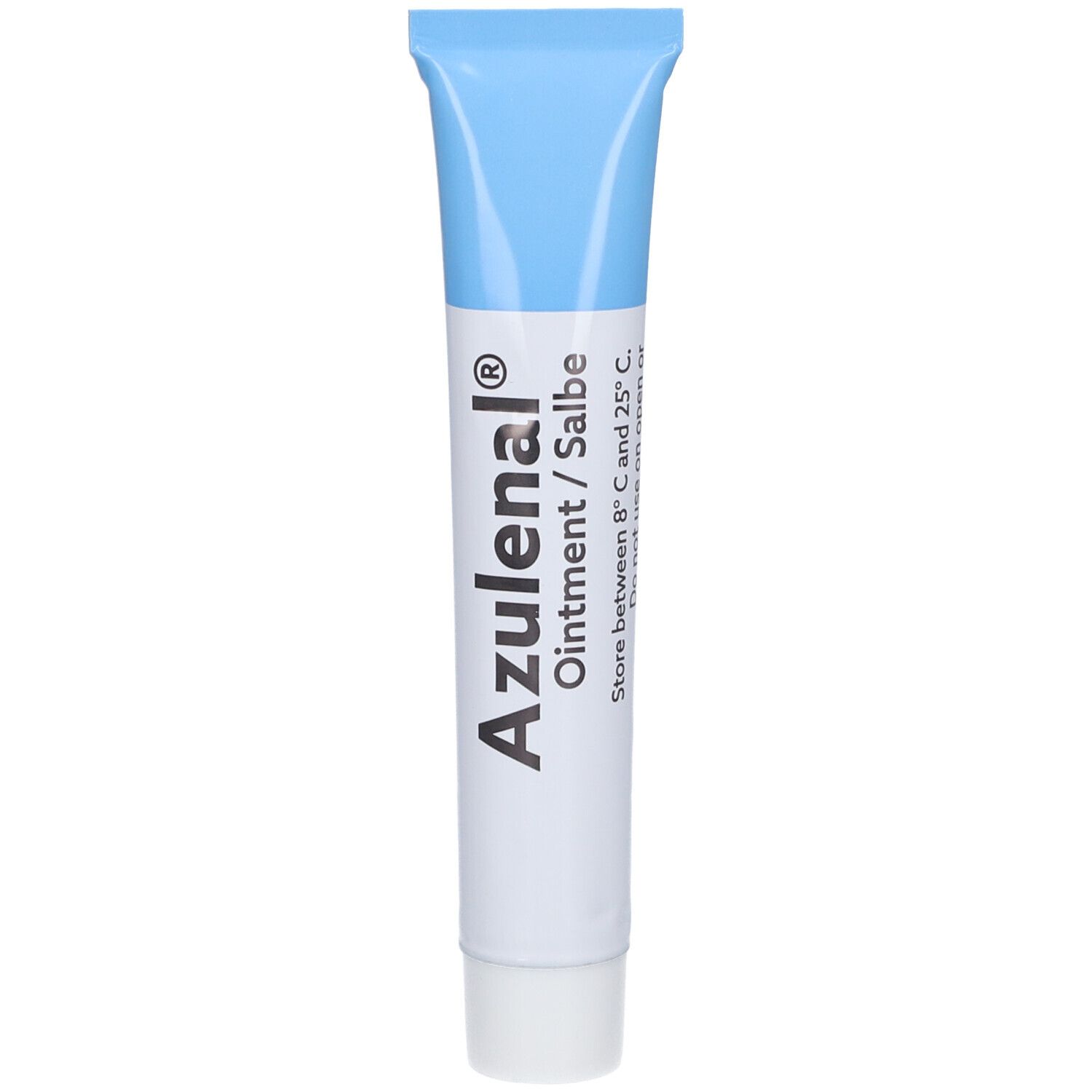 Tube de pommade Azulenal®. Corps de tube blanc avec bouchon bleu et texte. En haut : bouchon bleu. En bas : bouchon blanc.