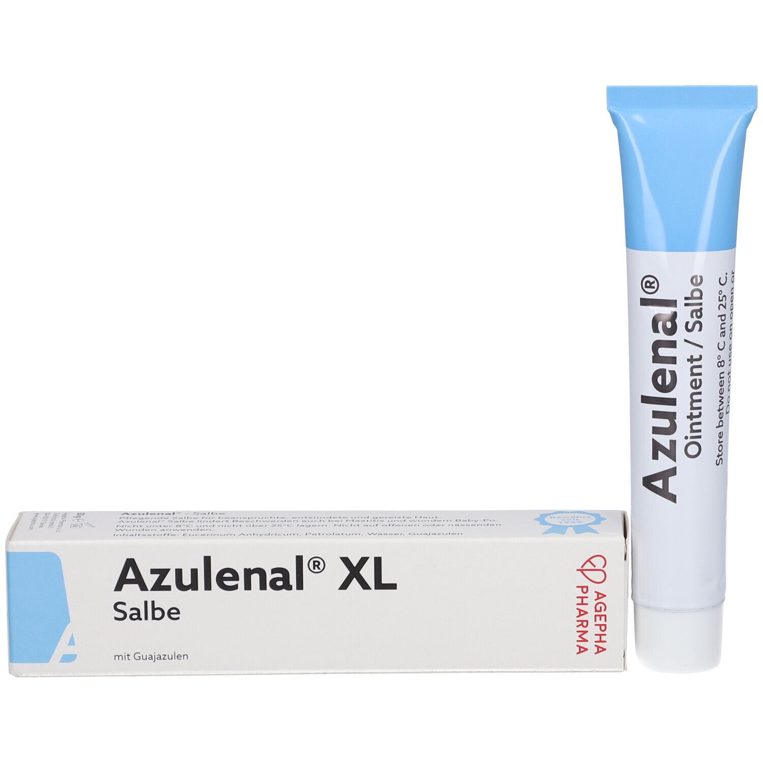 Pommade Azulenal® XL et emballage. Tube et boîte. Tube avec bouchon bleu. Boîte avec accent bleu.