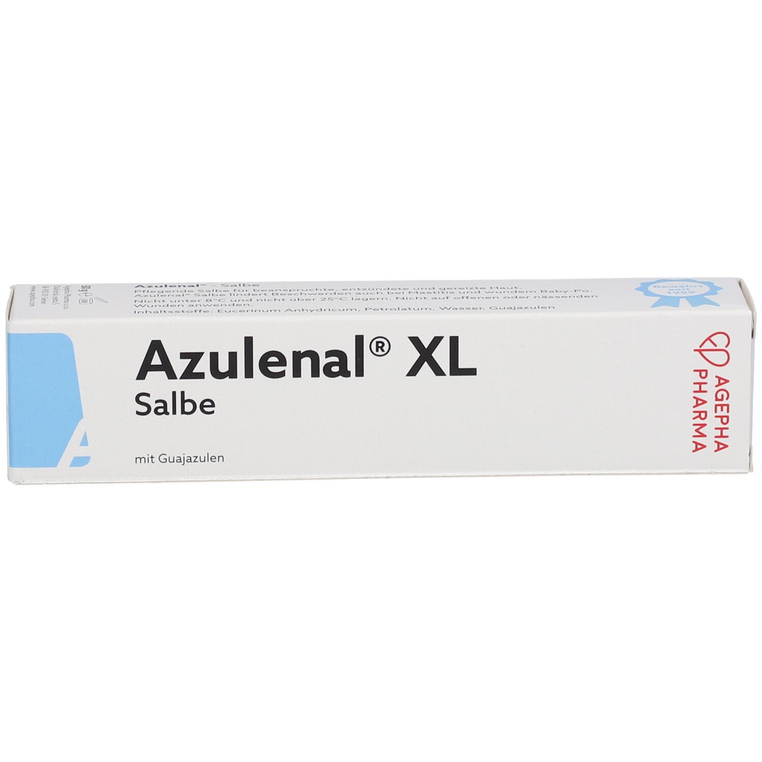 Boîte de pommade Azulenal® XL. Blanc avec accent bleu. Texte et logo du fabricant. Texte : pommade avec guaiazulène.