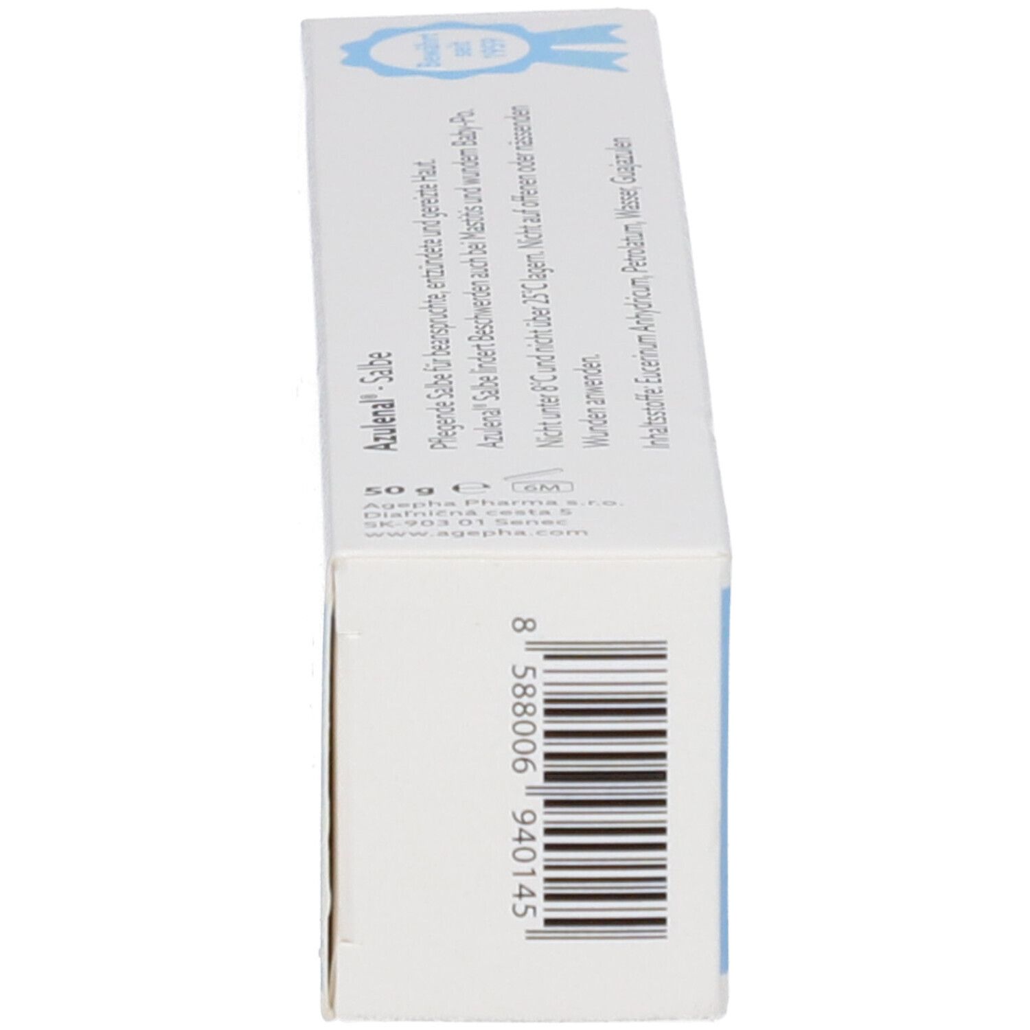 Vue latérale de la boîte de pommade Azulenal®. Texte et code-barres. Logo du fabricant et label de qualité.