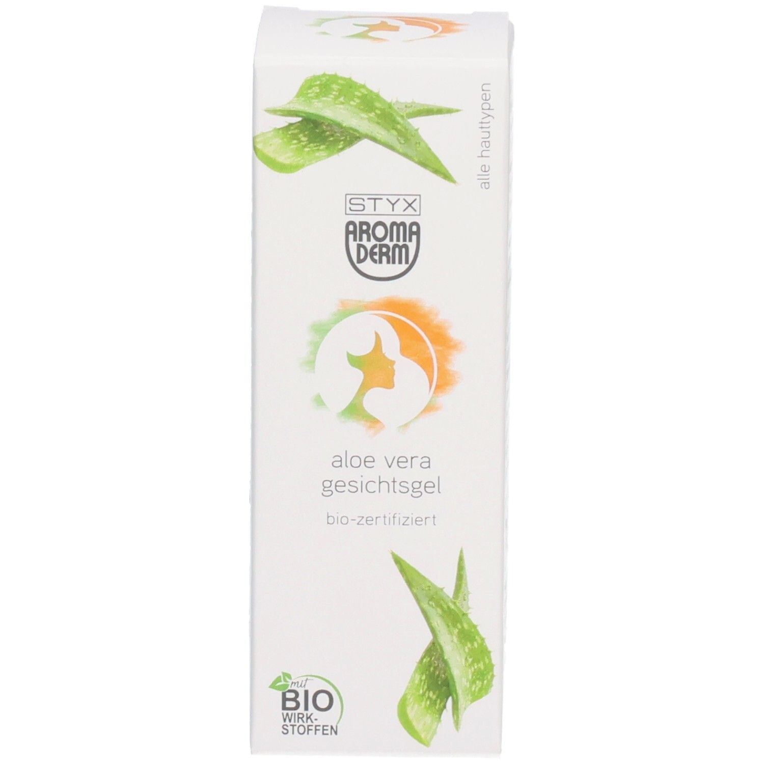 Emballage blanc. Motif aloe vera, texte: aloe vera gesichtsgel, bio-zertifiziert. Logo Bio Wirk-Stoffen. Pour tous types de peau.