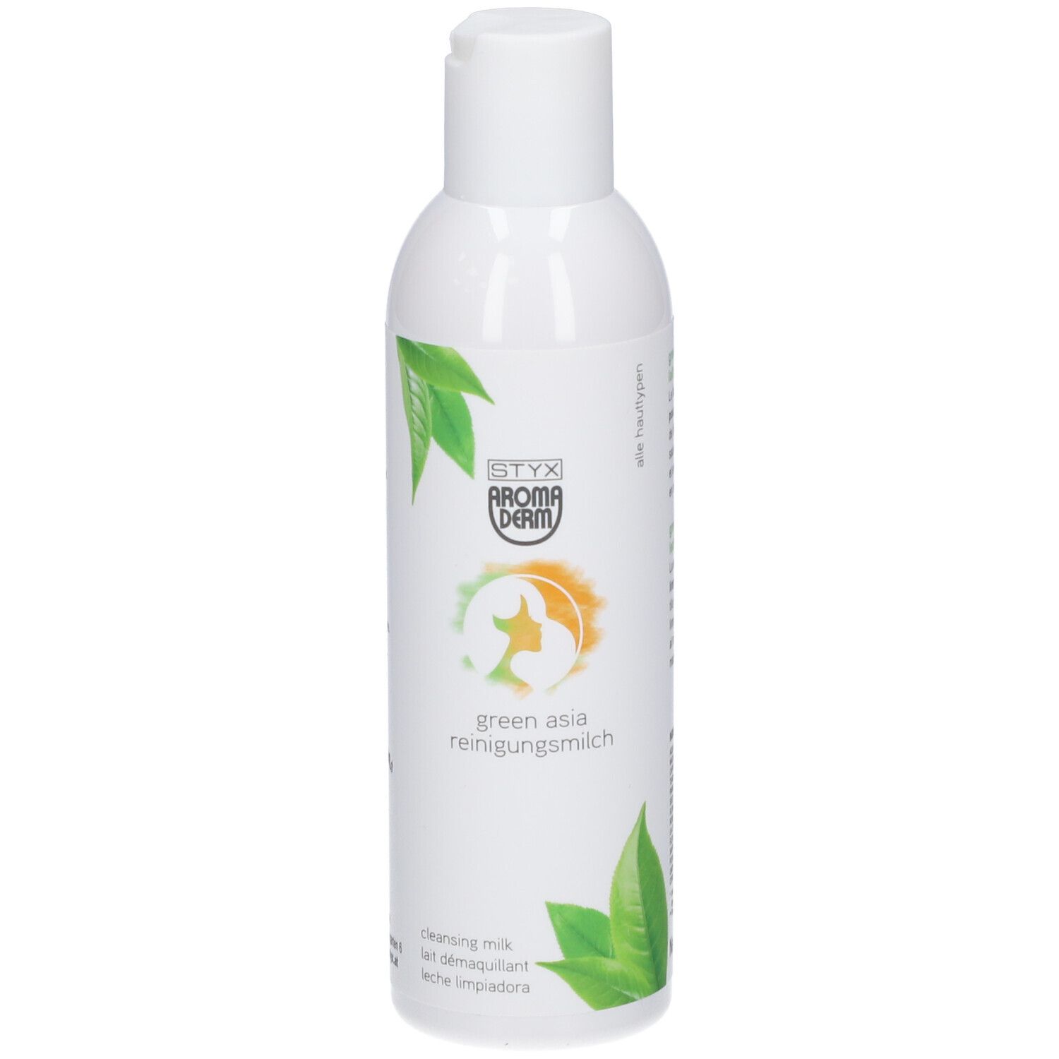 Flacon blanc STYX AROMADERM Green Asia Reinigungsmilch. Logo vert-orange, feuilles vertes. Bouchon en haut.