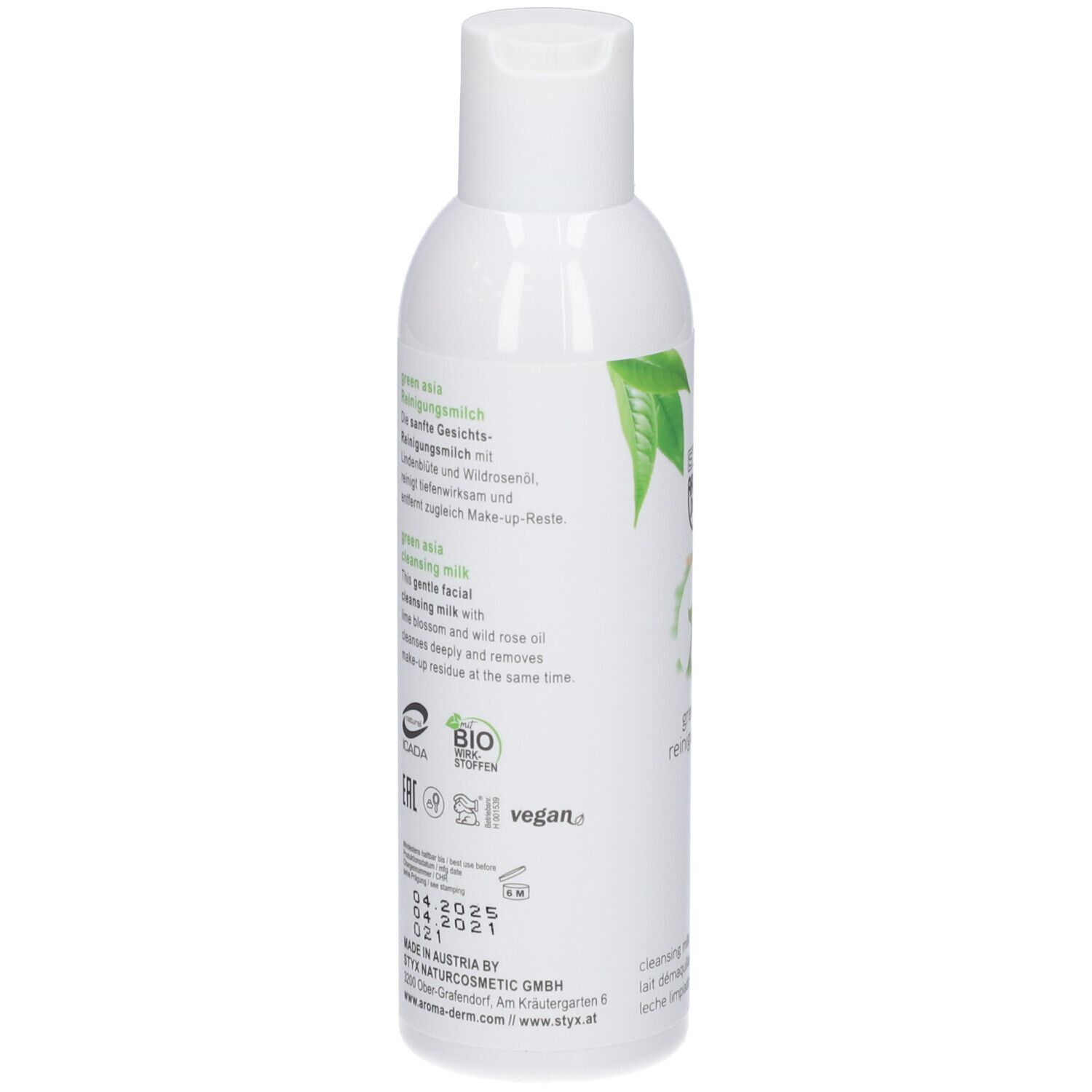 Dos du flacon blanc STYX AROMADERM Green Asia Reinigungsmilch. Texte multilingue, feuilles vertes, vegan.