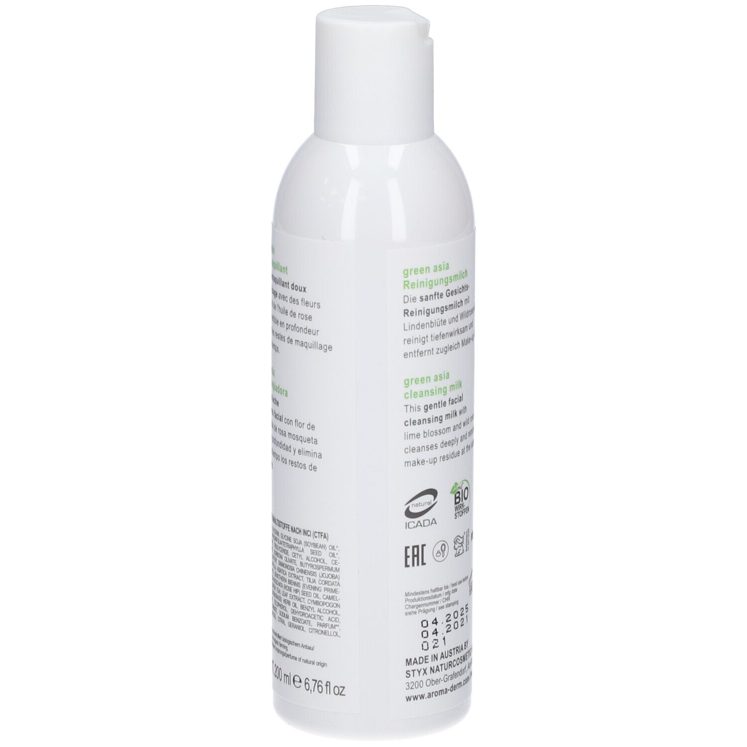 Dos du flacon blanc STYX AROMADERM Green Asia Reinigungsmilch. Texte multilingue, feuilles vertes, vegan.