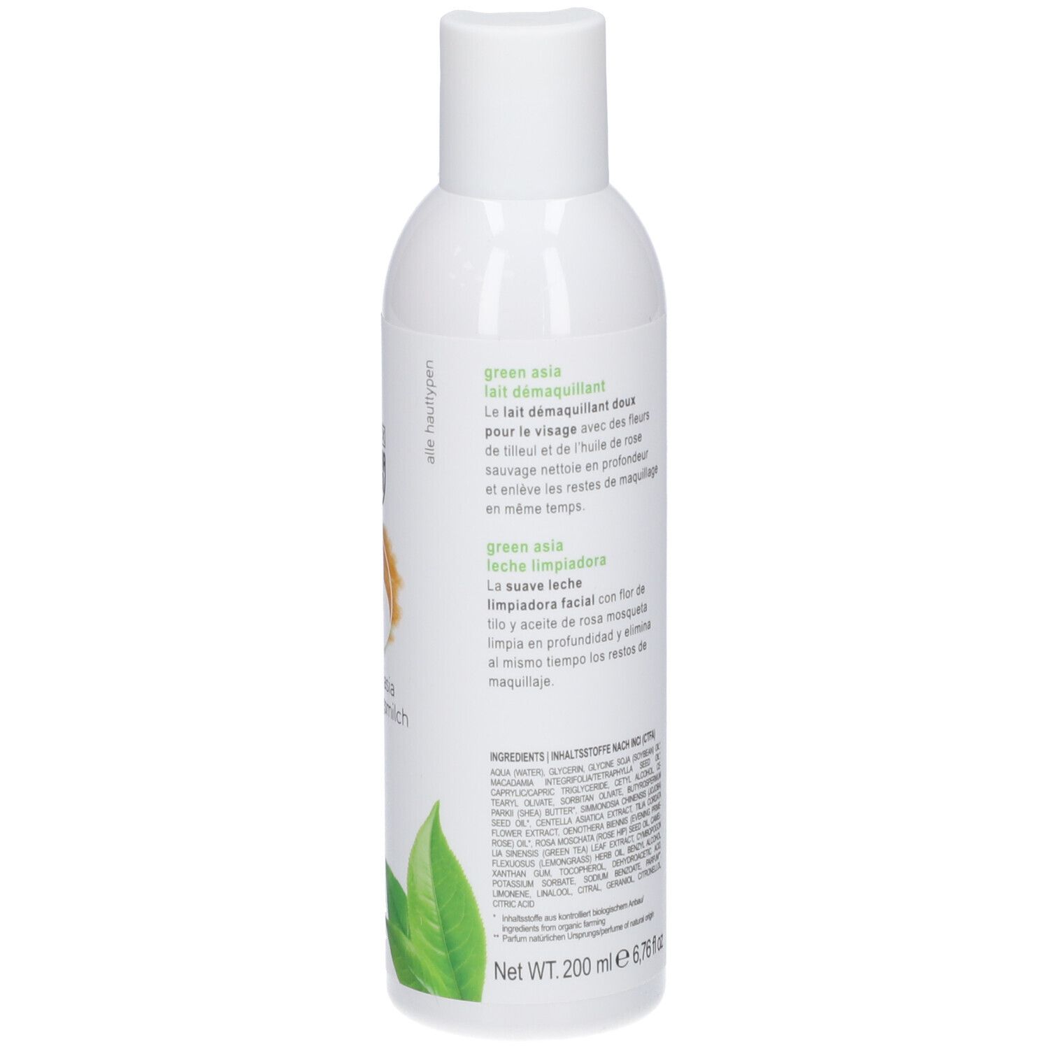 Dos du flacon blanc STYX AROMADERM Green Asia Reinigungsmilch. Texte multilingue, feuilles vertes, vegan.