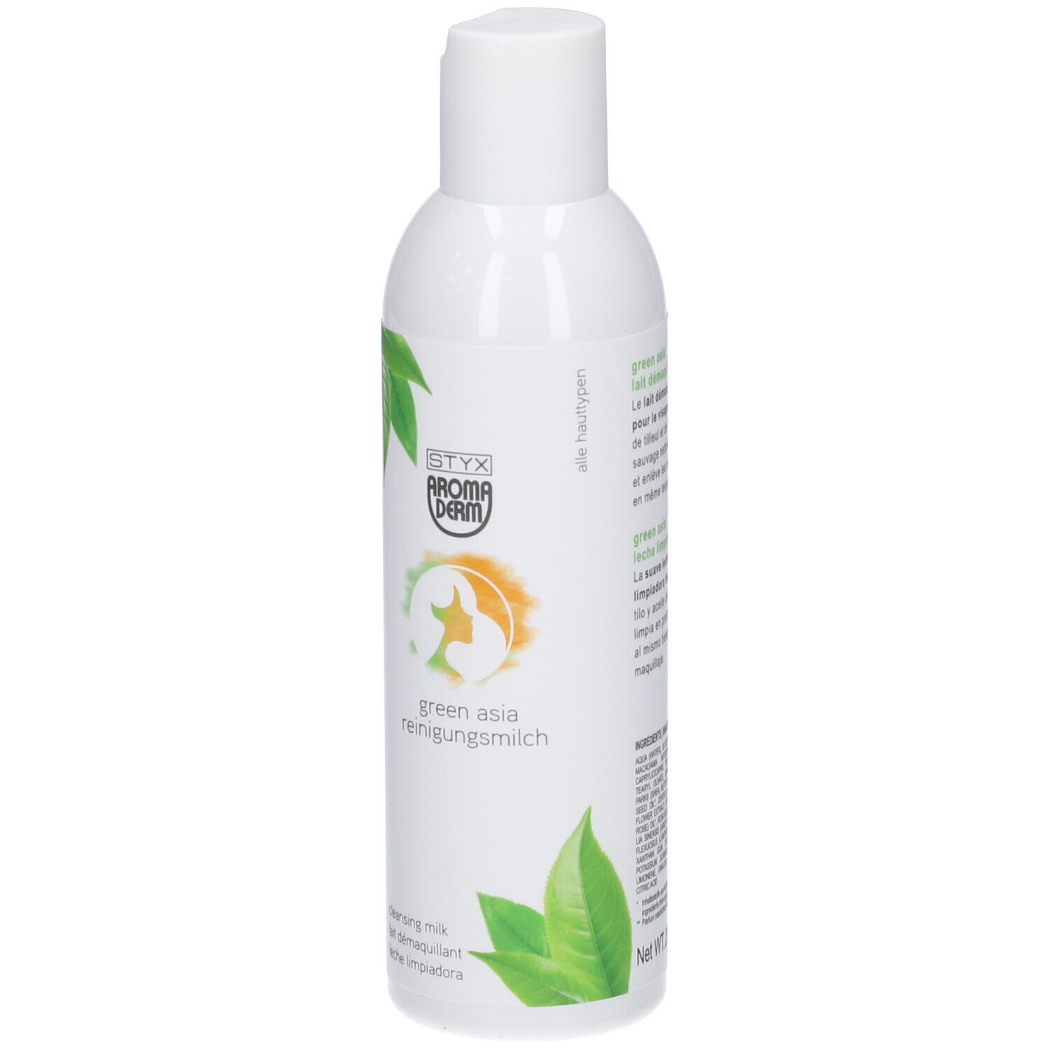 Flacon blanc STYX AROMADERM Green Asia Reinigungsmilch. Logo vert-orange, feuilles vertes. Bouchon en haut.